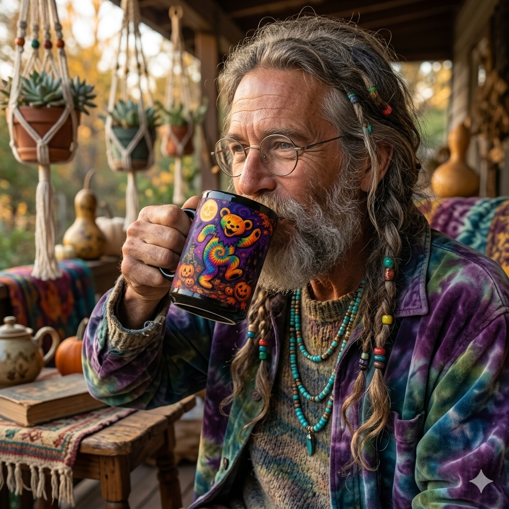 Tie-Dye Dancing Bear Halloween Mug | Spooky Pumpkin Graveyard, gift for deadhead