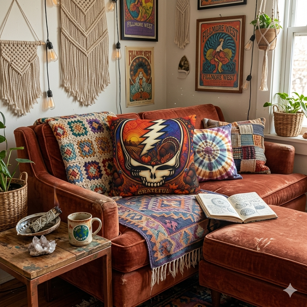 GIFt for a deadhead, pillow for thanksgiving , Grateful Harvest Skull Outdoor Pillows | Thanksgiving Turkey Pumpkin Fall