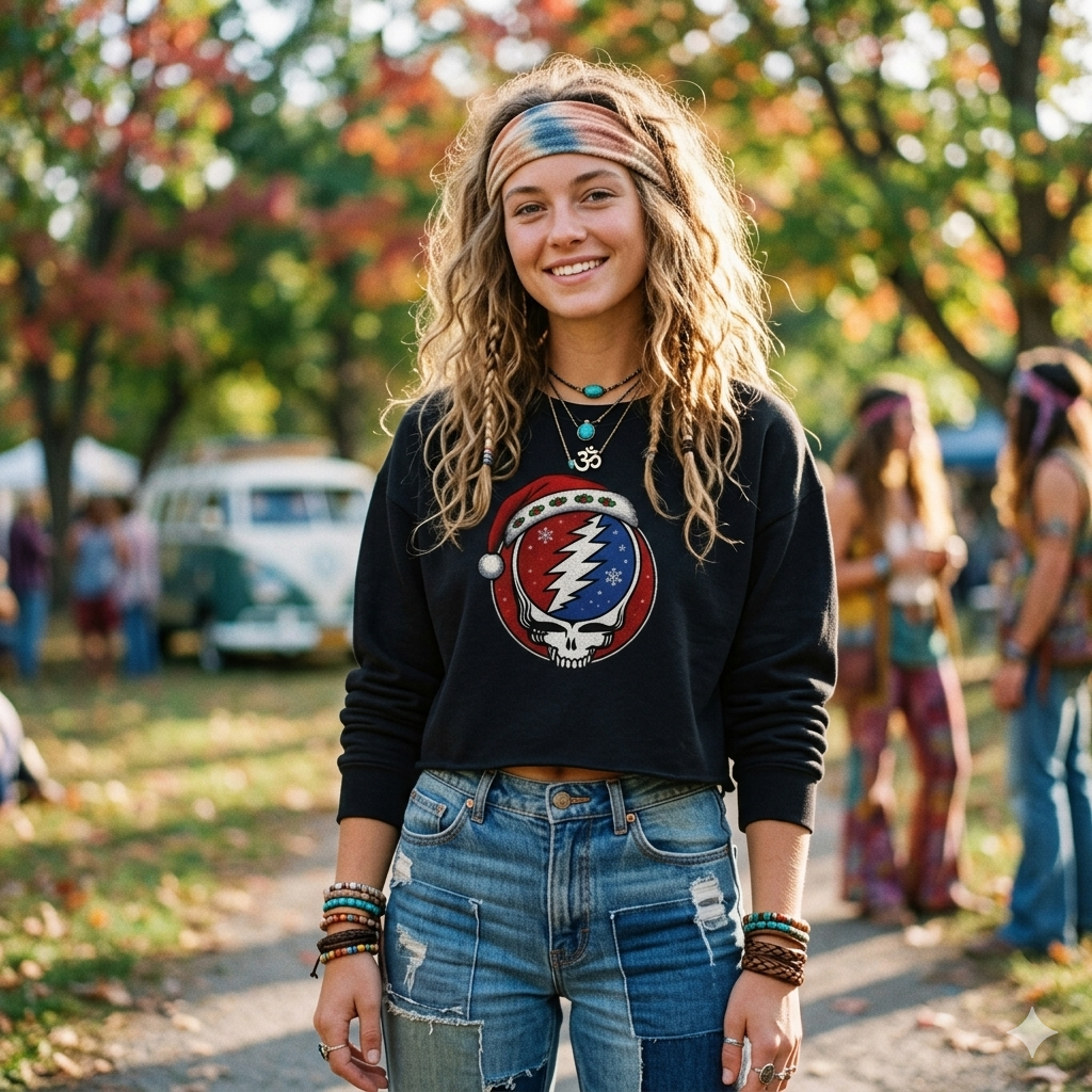 Skull Lightning Santa Hat Cropped Sweatshirt | Grateful Dead Holiday, gift for deadhead, her