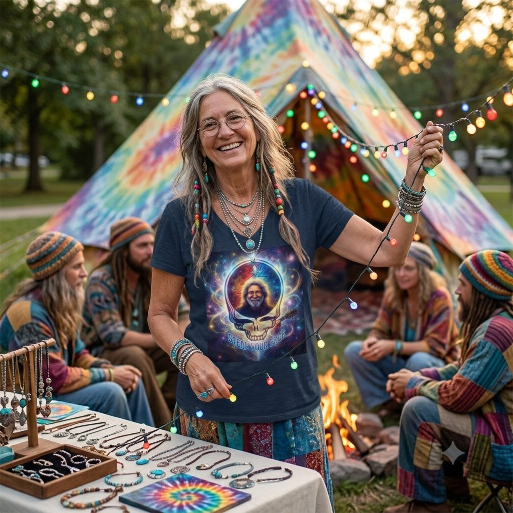 Jerry Garcia Skull Embrace V-Neck Tee | Tie-Dye Cosmic Music Tee, Grateful Dead inspired, gift for a deadhead