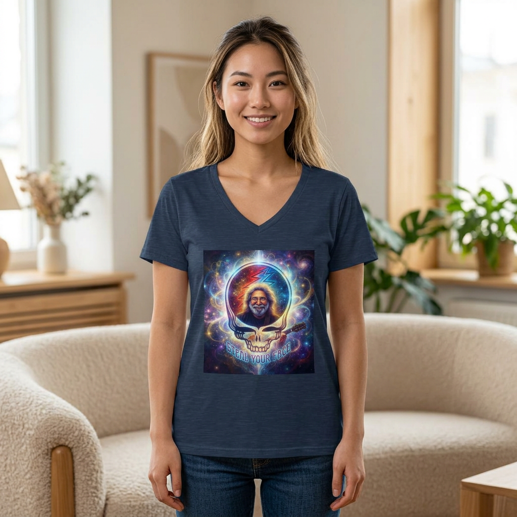 Jerry Garcia Skull Embrace V-Neck Tee | Tie-Dye Cosmic Music Tee, Grateful Dead inspired, gift for a deadhead