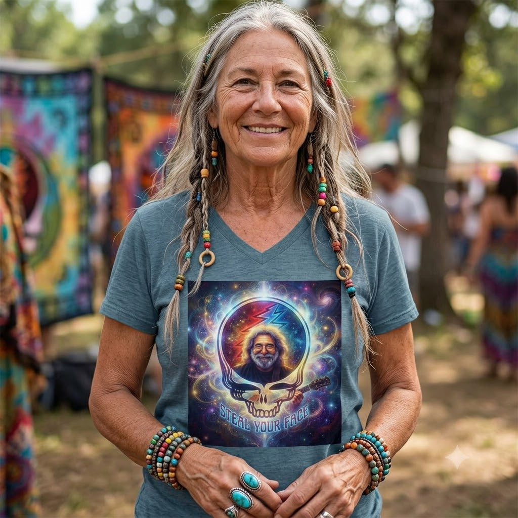 Jerry Garcia Skull Embrace V-Neck Tee | Tie-Dye Cosmic Music Tee, Grateful Dead inspired, gift for a deadhead
