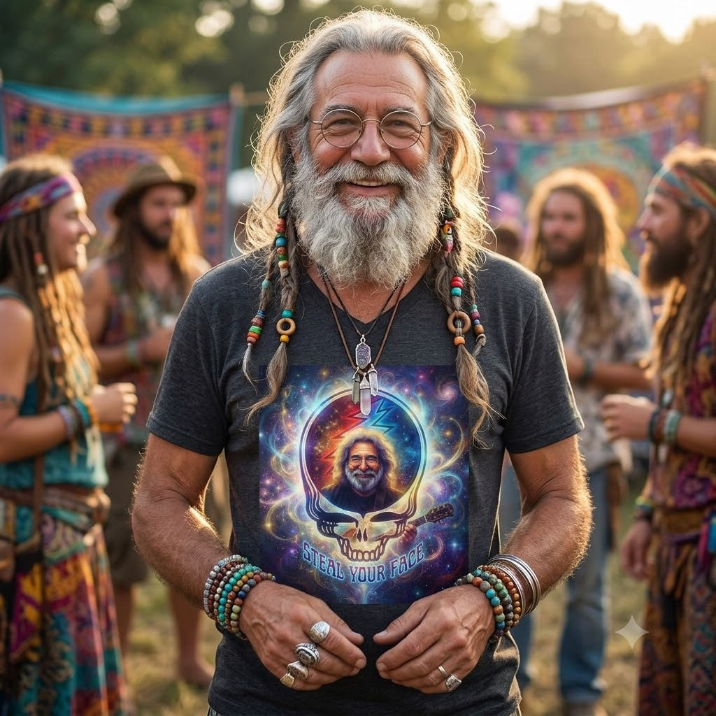 Jerry Garcia Skull Embrace V-Neck Tee | Tie-Dye Cosmic Music Tee, Grateful Dead inspired, gift for a deadhead