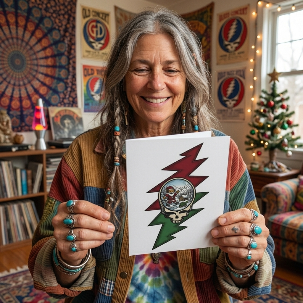 Grateful Dead skull with snowglobe Santa Greeting Cards | holiday stationery