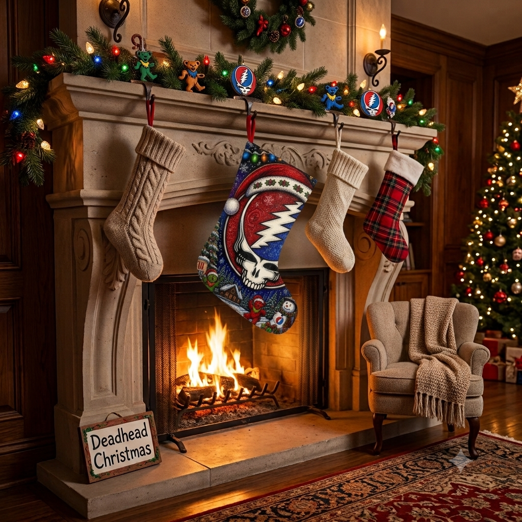 Steal Your Face Skull Santa Hat Stocking | Grateful Dead Christmas Stocking, gift for deadhead