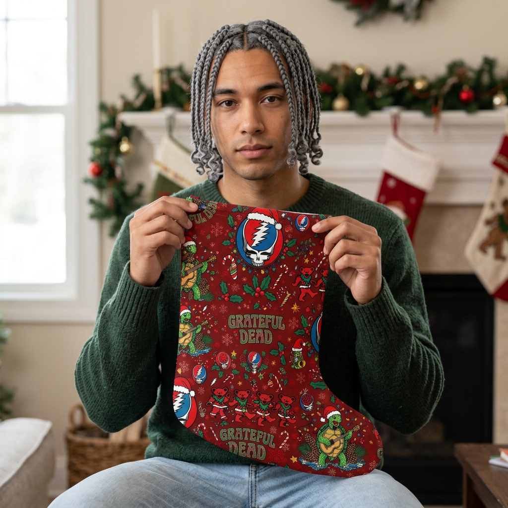 Grateful Dead Holiday Pattern Christmas Stocking | Deadhead Santa Skulls, Gift for a deadhead