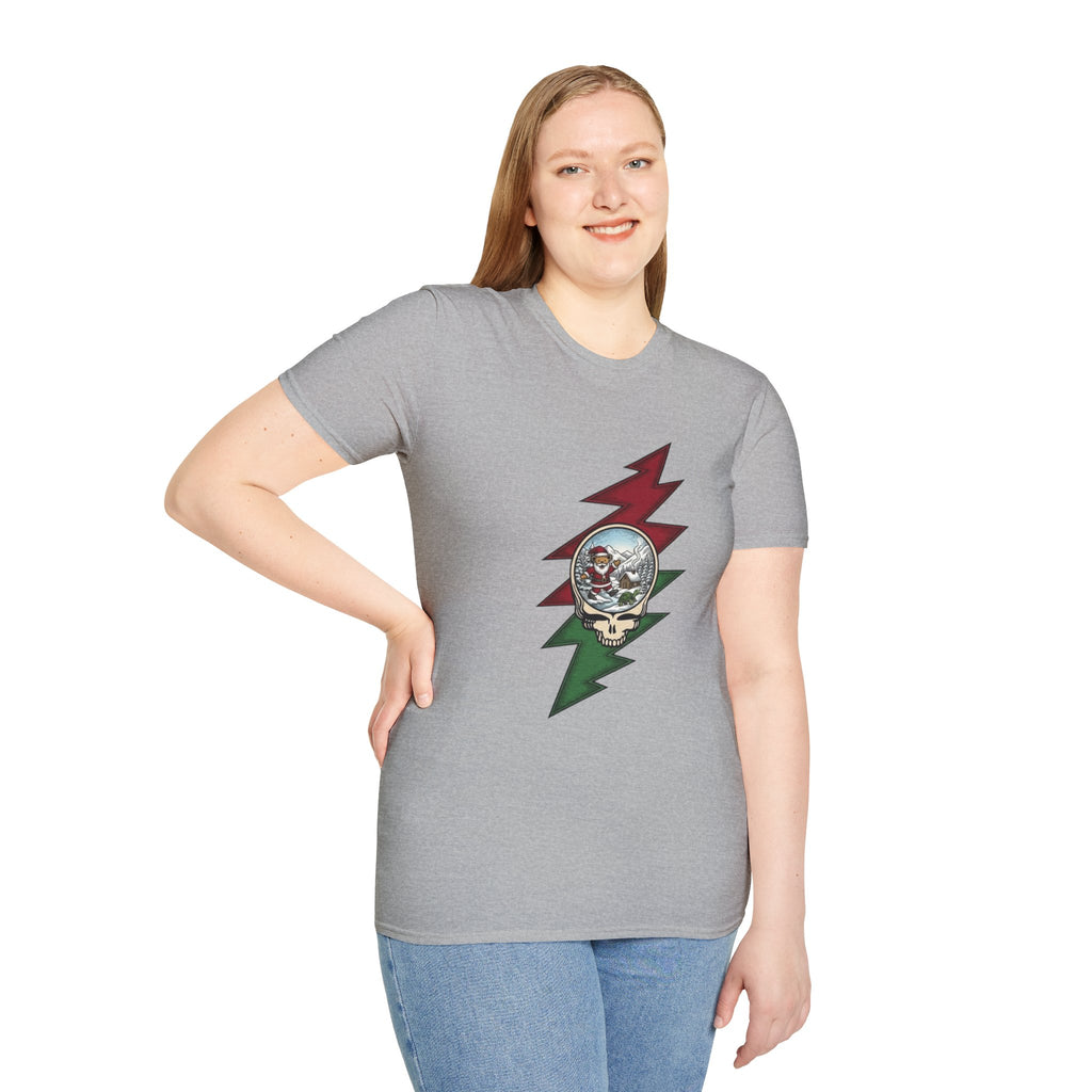 Santa Skull Lightning Bolt T-Shirt | Rock Christmas Holiday Tee, Grateful Dead inspired, Gift for a Deadhead