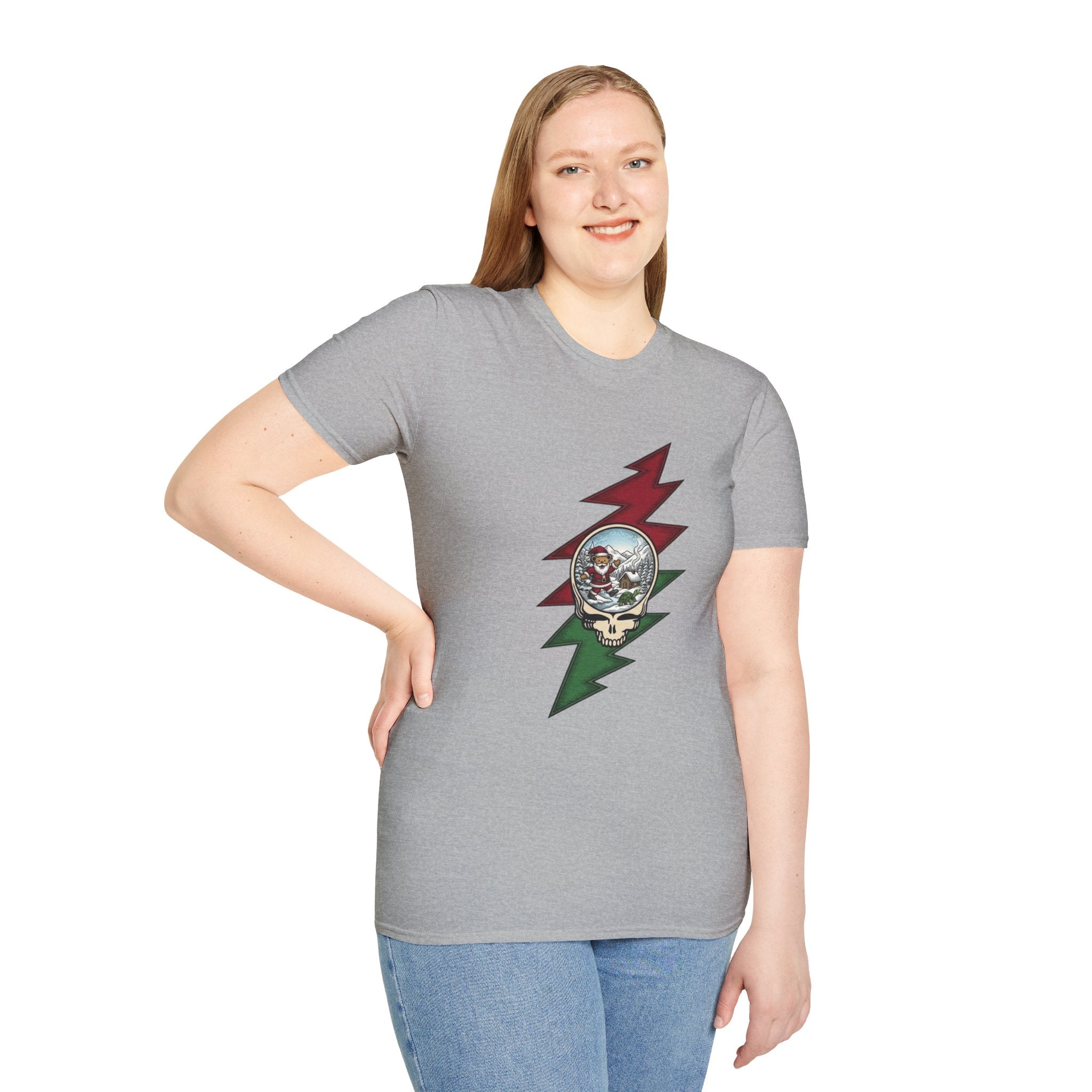 Santa Skull Lightning Bolt T-Shirt | Rock Christmas Holiday Tee, Grateful Dead inspired, Gift for a Deadhead