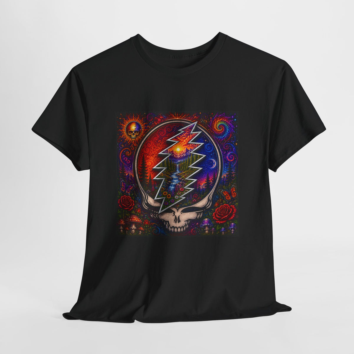 Psychedelic Steal Your Face Skull T-Shirt | Colorful Lightning Rose Grateful Dead Tee