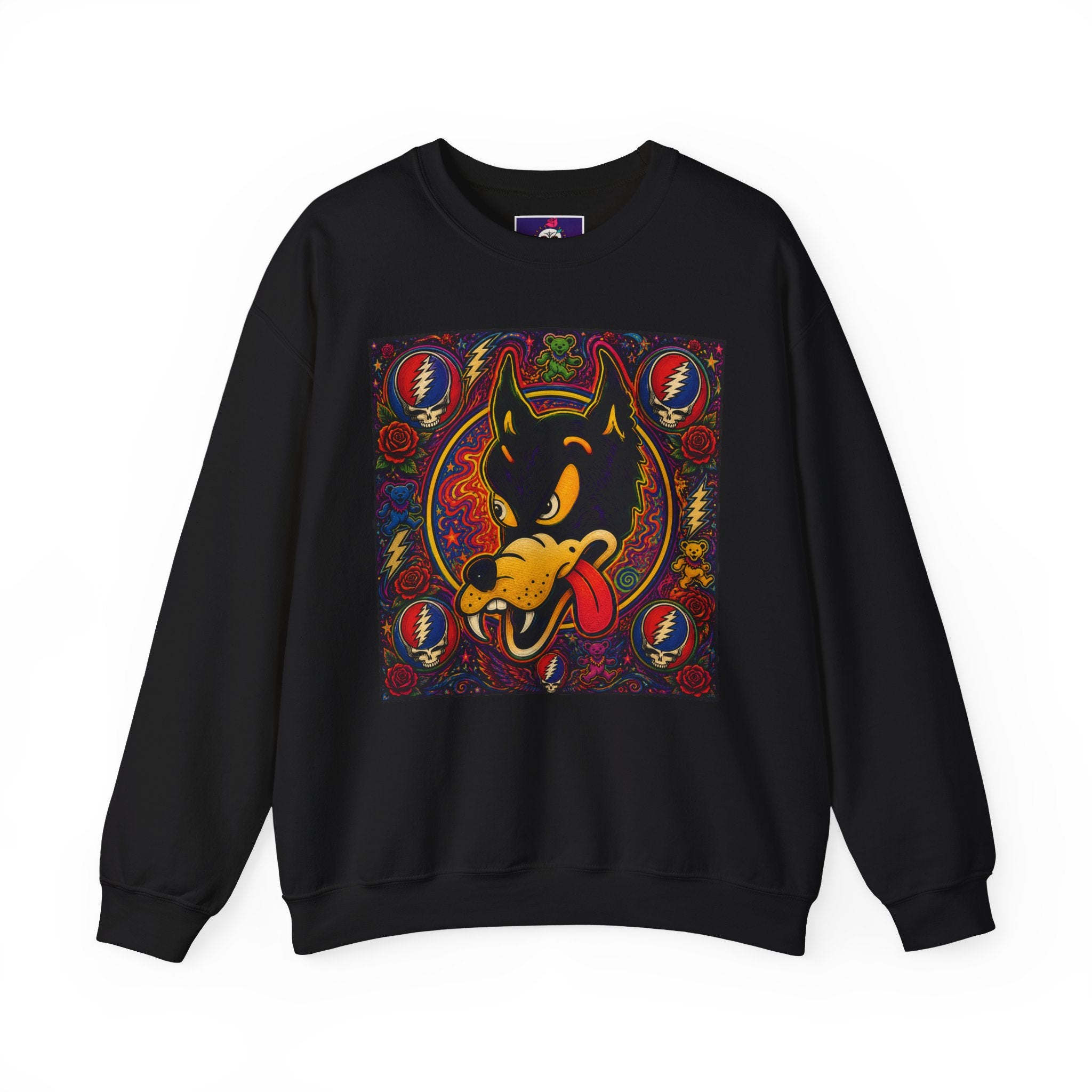 Psychedelic Dire Wolf Grateful Dead Crewneck Sweatshirt | Retro Skull Roses Band Icons