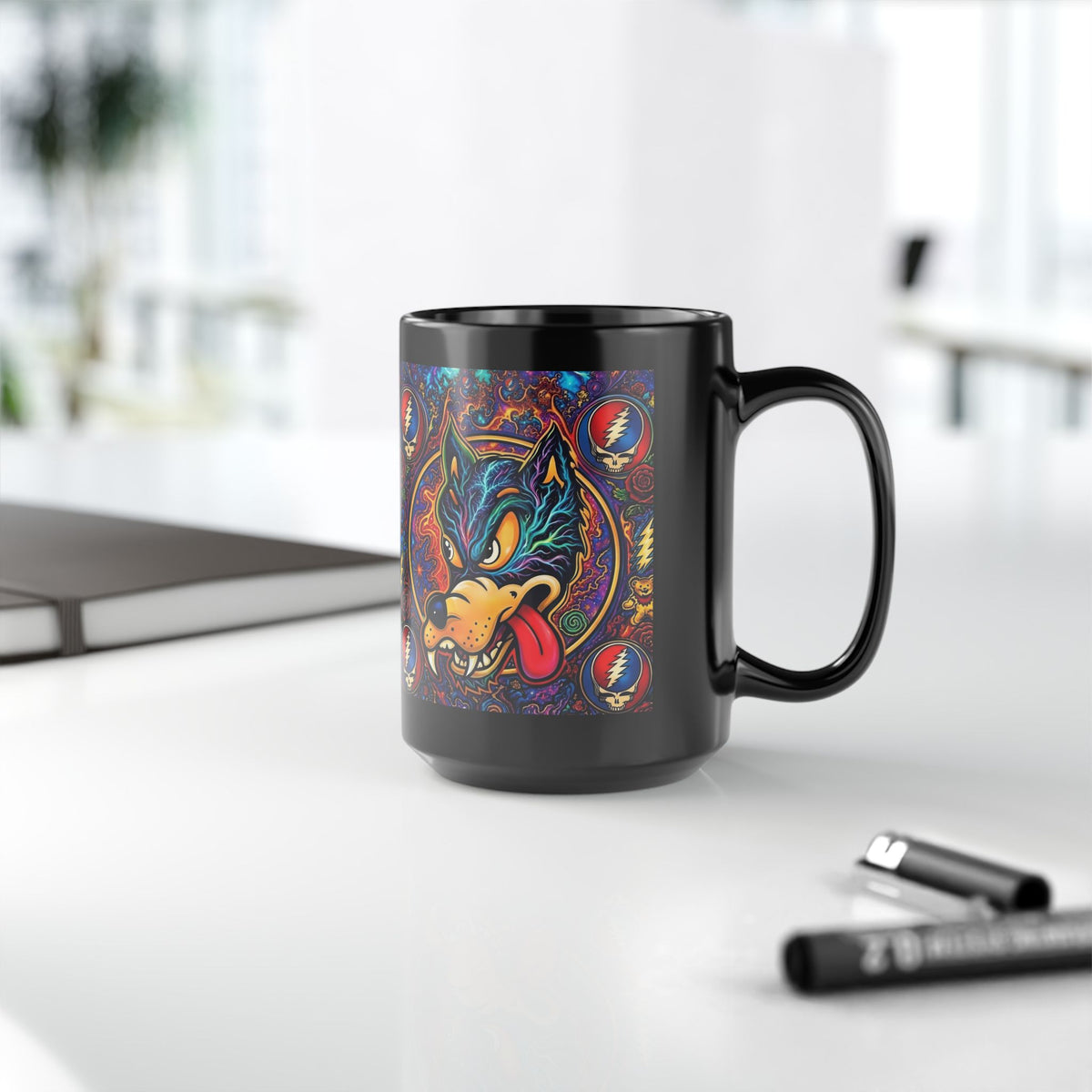 Psychedelic Dire Wolf with Grateful Dead Icons Mug | Black 15oz gift for a deadhead