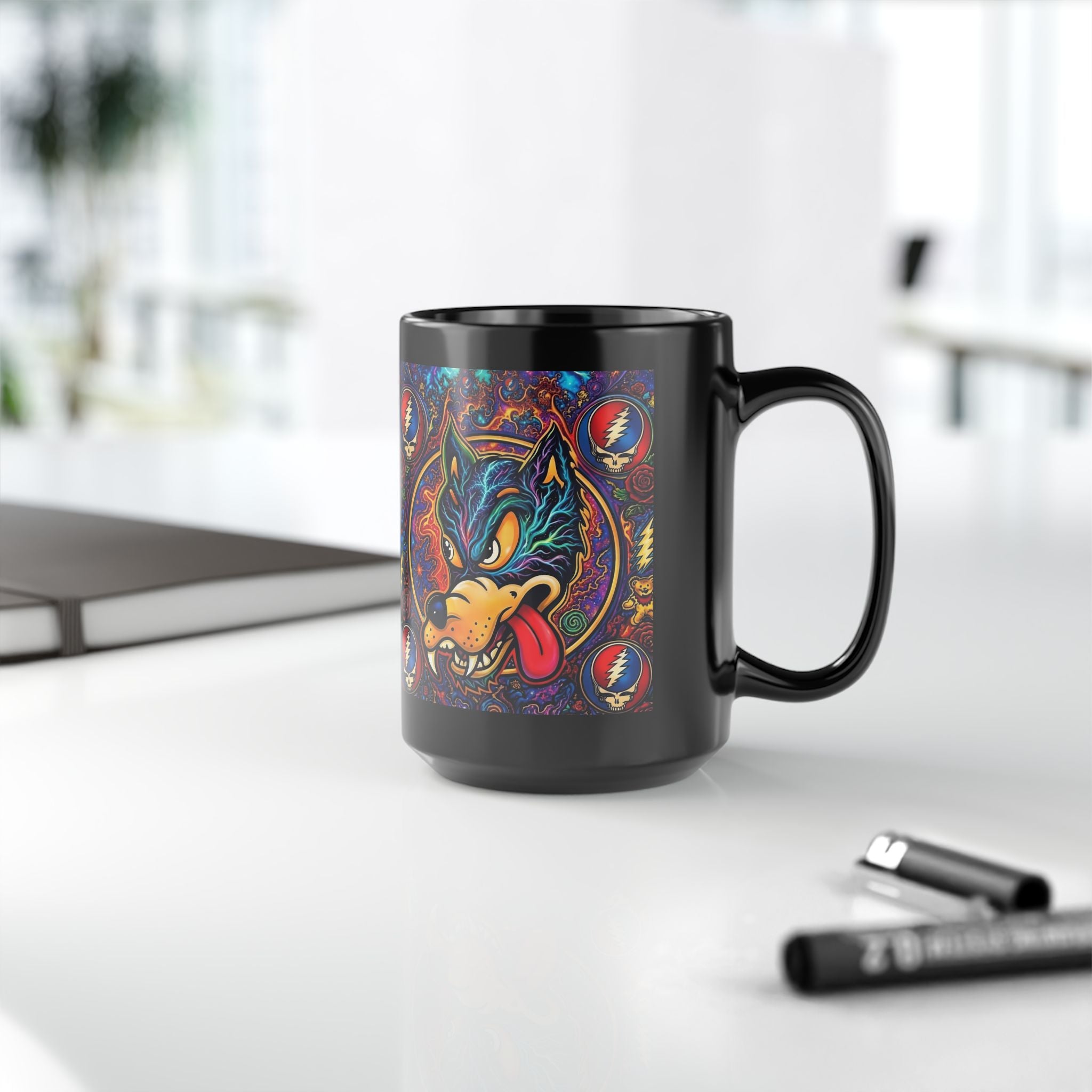Psychedelic Dire Wolf with Grateful Dead Icons Mug | Black 15oz gift for a deadhead