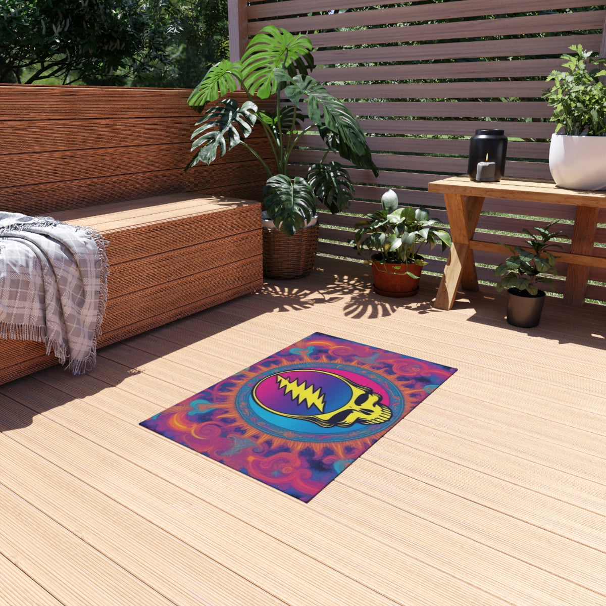 Psychedelic Lightning Skull Outdoor Rug | Colorful Mandala Doormat