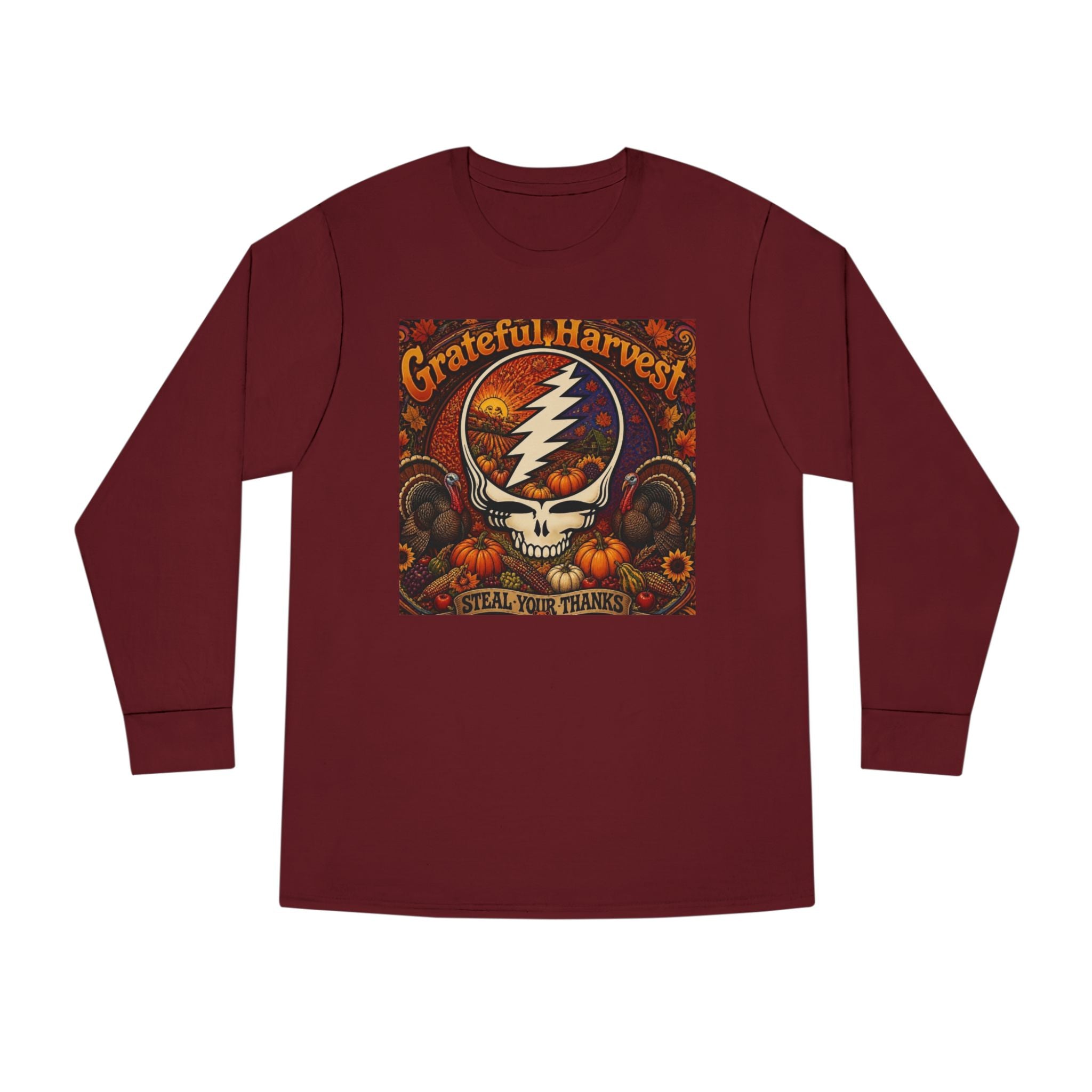 Grateful Harvest Skull with Lightning Bolt Long Sleeve Tee | Autumn Pumpkin Band Art, gift for deadhead, thanksgiving