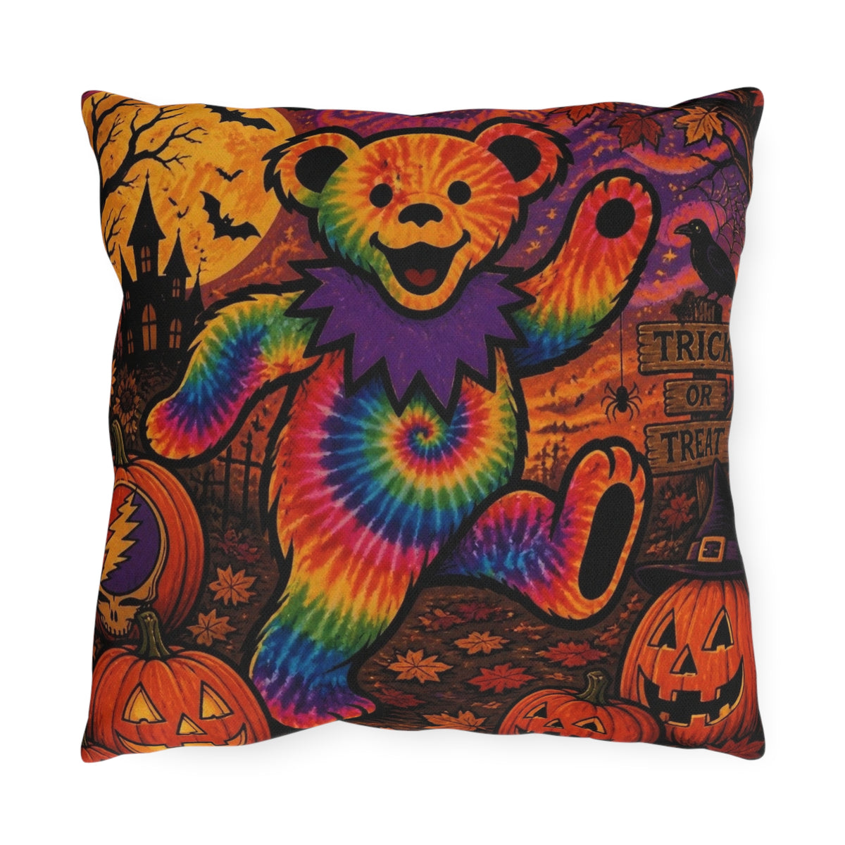 Tie-Dye Dancing Bear Halloween Outdoor Pillow | Grateful Dead Skull Pumpkin Design, gift for a deadhead, pillow for halloween