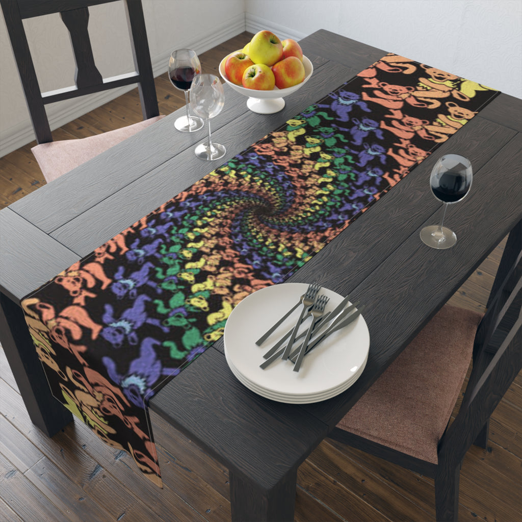 Grateful Dead Bear Rainbow Dancing Bears Table Runner | Psychedelic Spiral Cotton Poly, gift for a deadhead