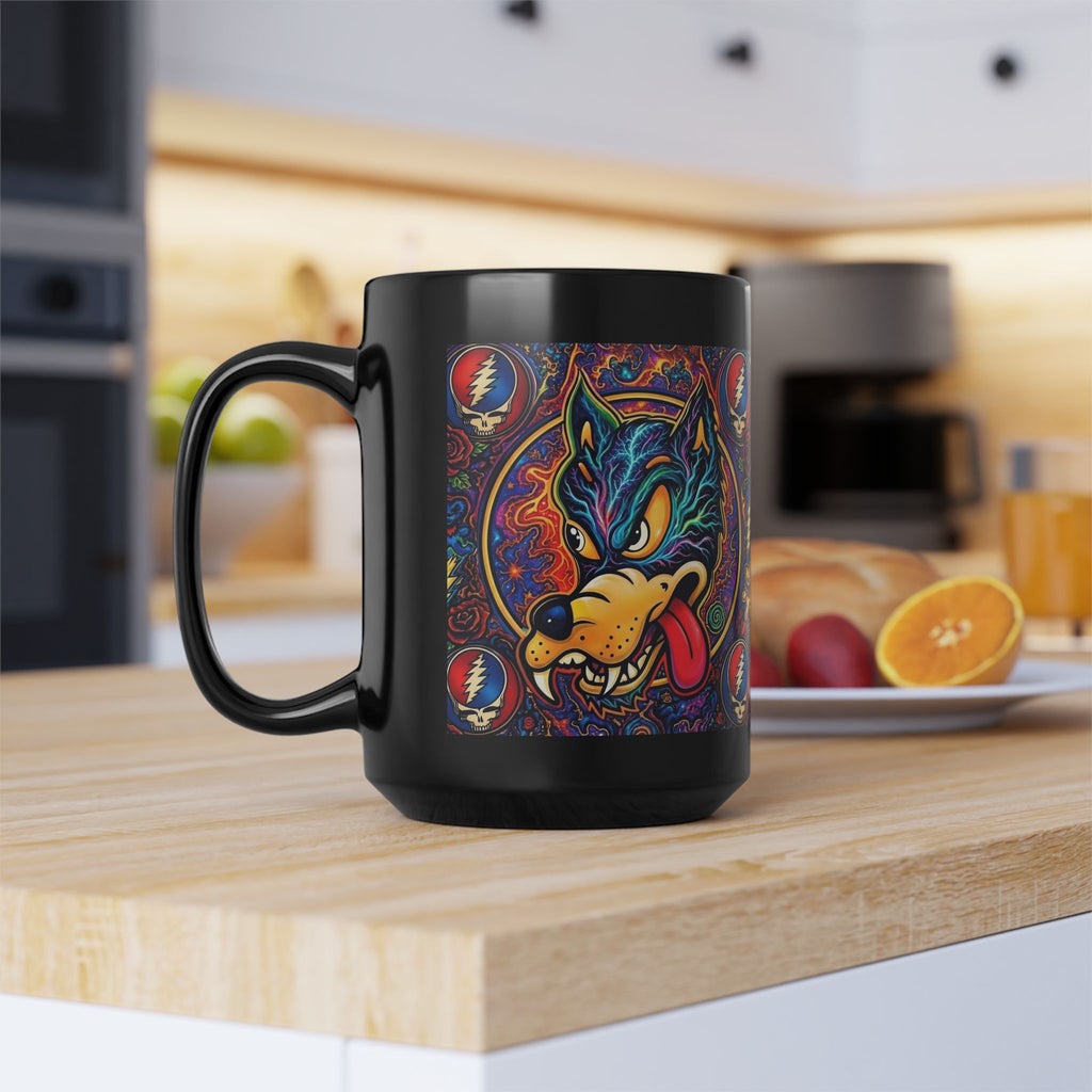 Psychedelic Dire Wolf with Grateful Dead Icons Mug | Black 15oz gift for a deadhead
