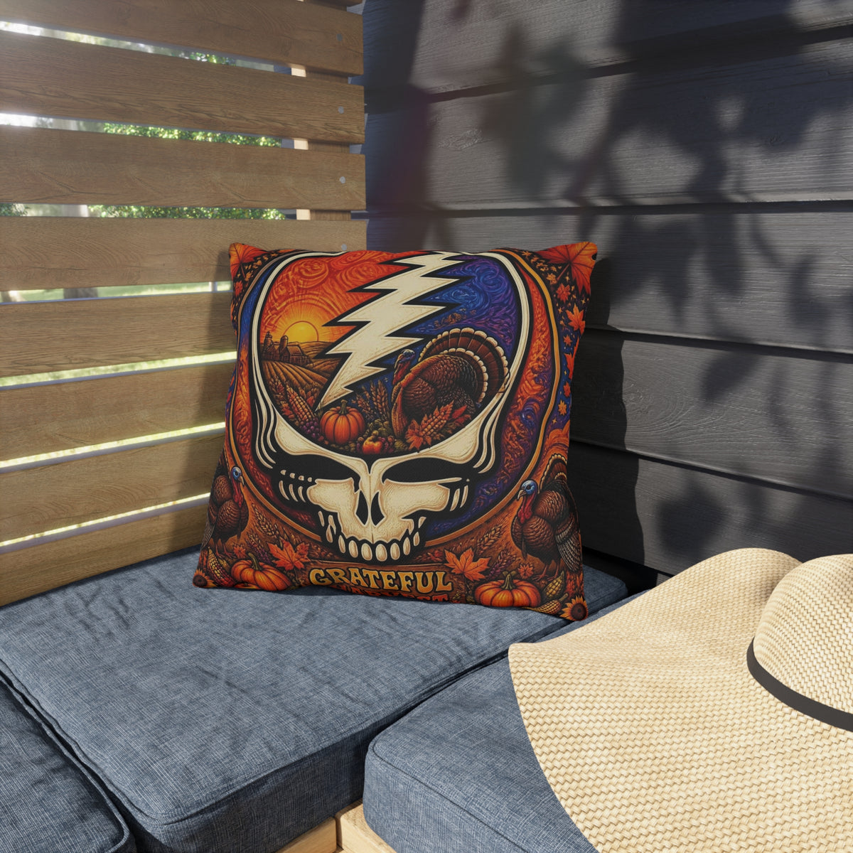 GIFt for a deadhead, pillow for thanksgiving , Grateful Harvest Skull Outdoor Pillows | Thanksgiving Turkey Pumpkin Fall