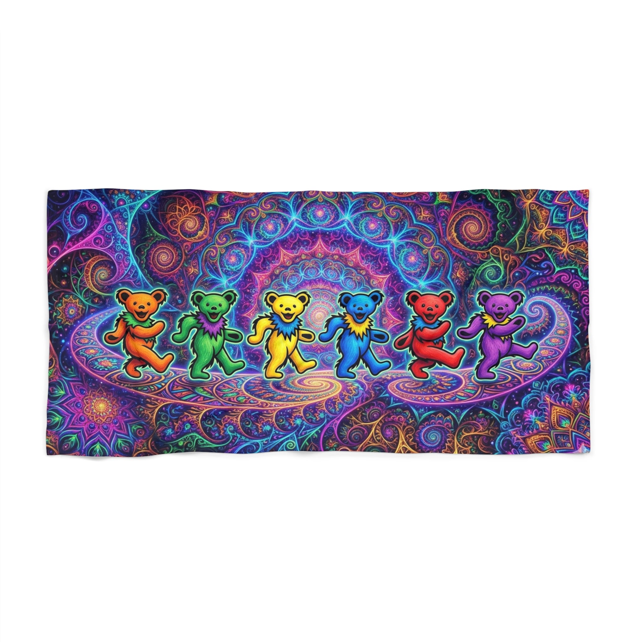 Dancing Rainbow Bears Beach Towel | Psychedelic Mandala Pattern Grateful Dead