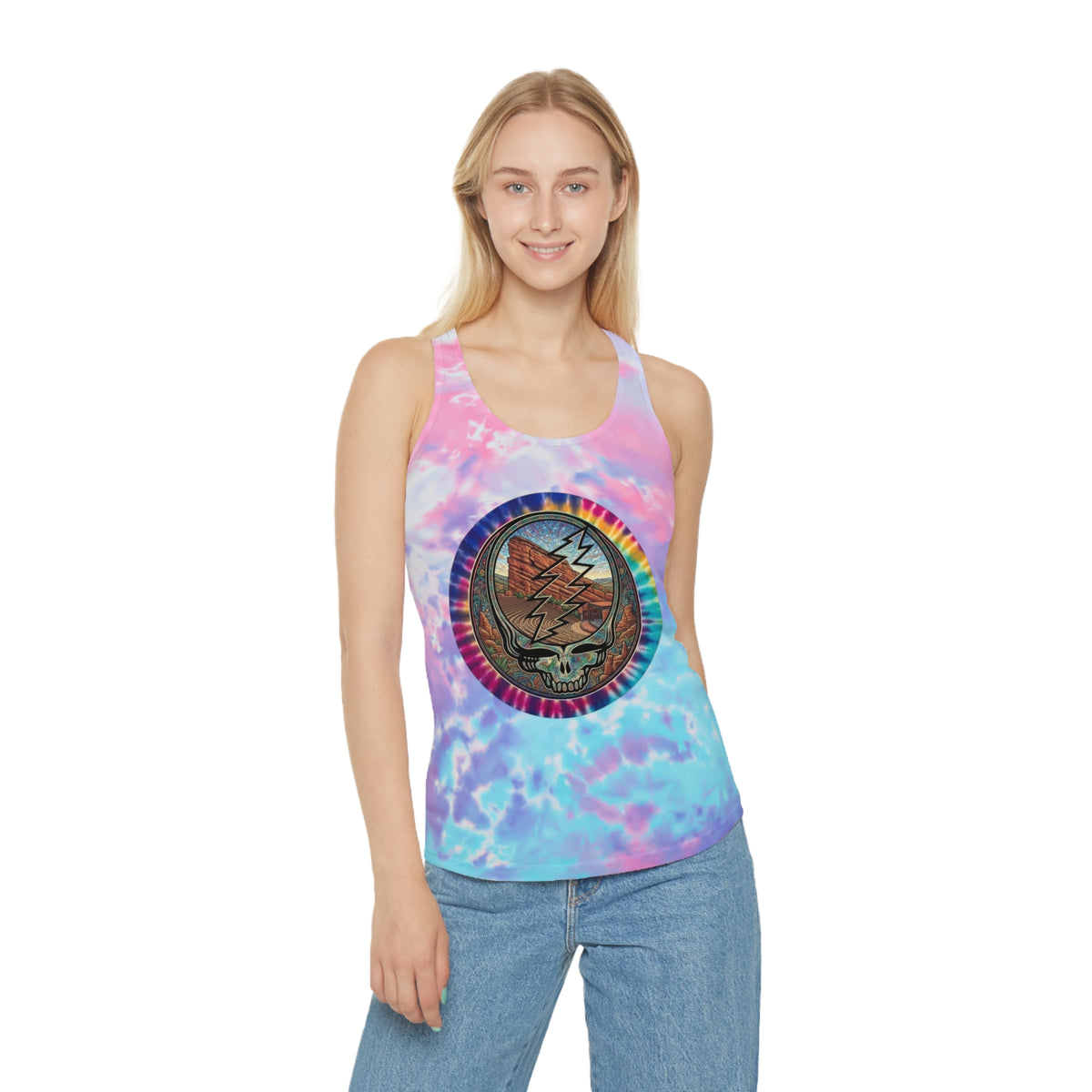 Steal Your Face Tie Dye Racerback Tank Top | Pastel Grateful Dead, gift for deadhead, red rocks amphitheater