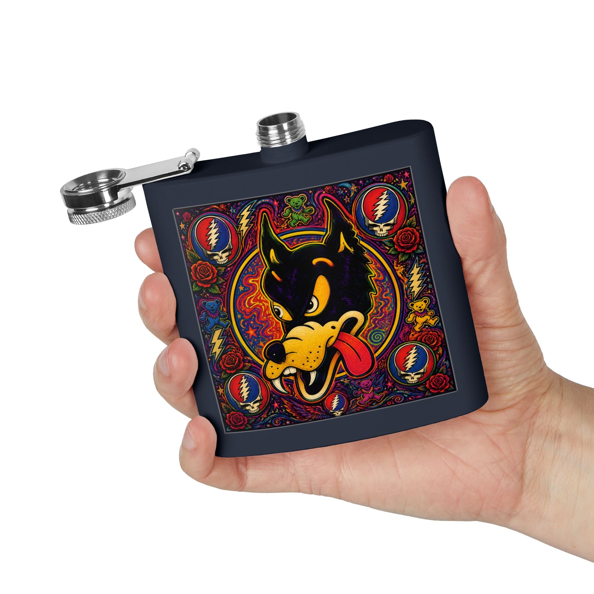 Psychedelic  Dire Wolf Head Flask, Grateful Dead, gift for a deadhead
