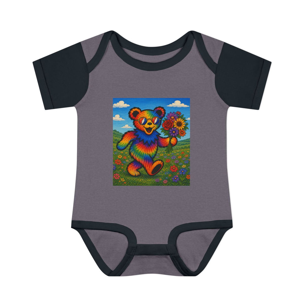 Grateful Dead Rainbow Tie Dye Bear Holding Sunflower Infant Bodysuit