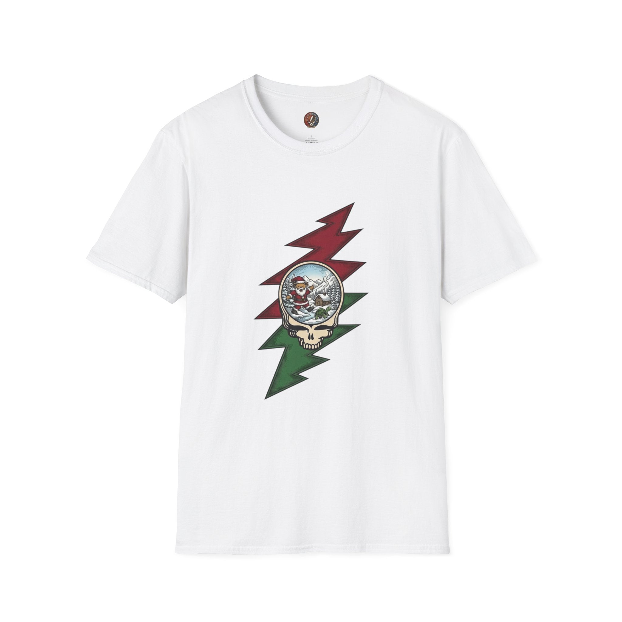 Santa Skull Lightning Bolt T-Shirt | Rock Christmas Holiday Tee, Grateful Dead inspired, Gift for a Deadhead