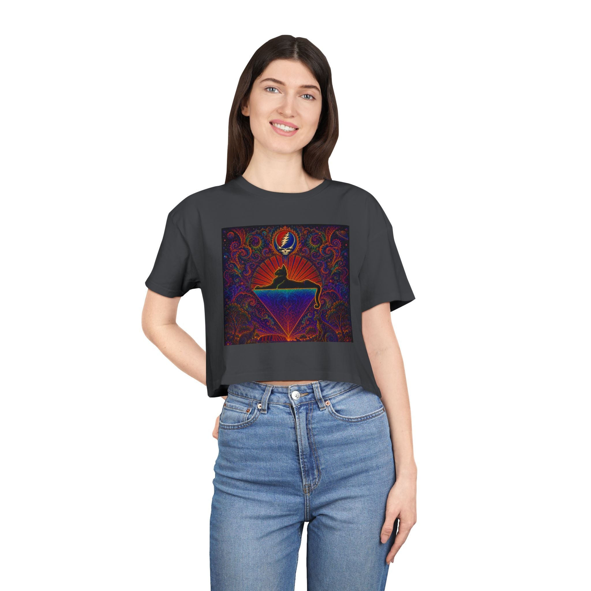 Cats down under the stars Psychedelic Sunrise Diamond Skull Tee | Crop Top