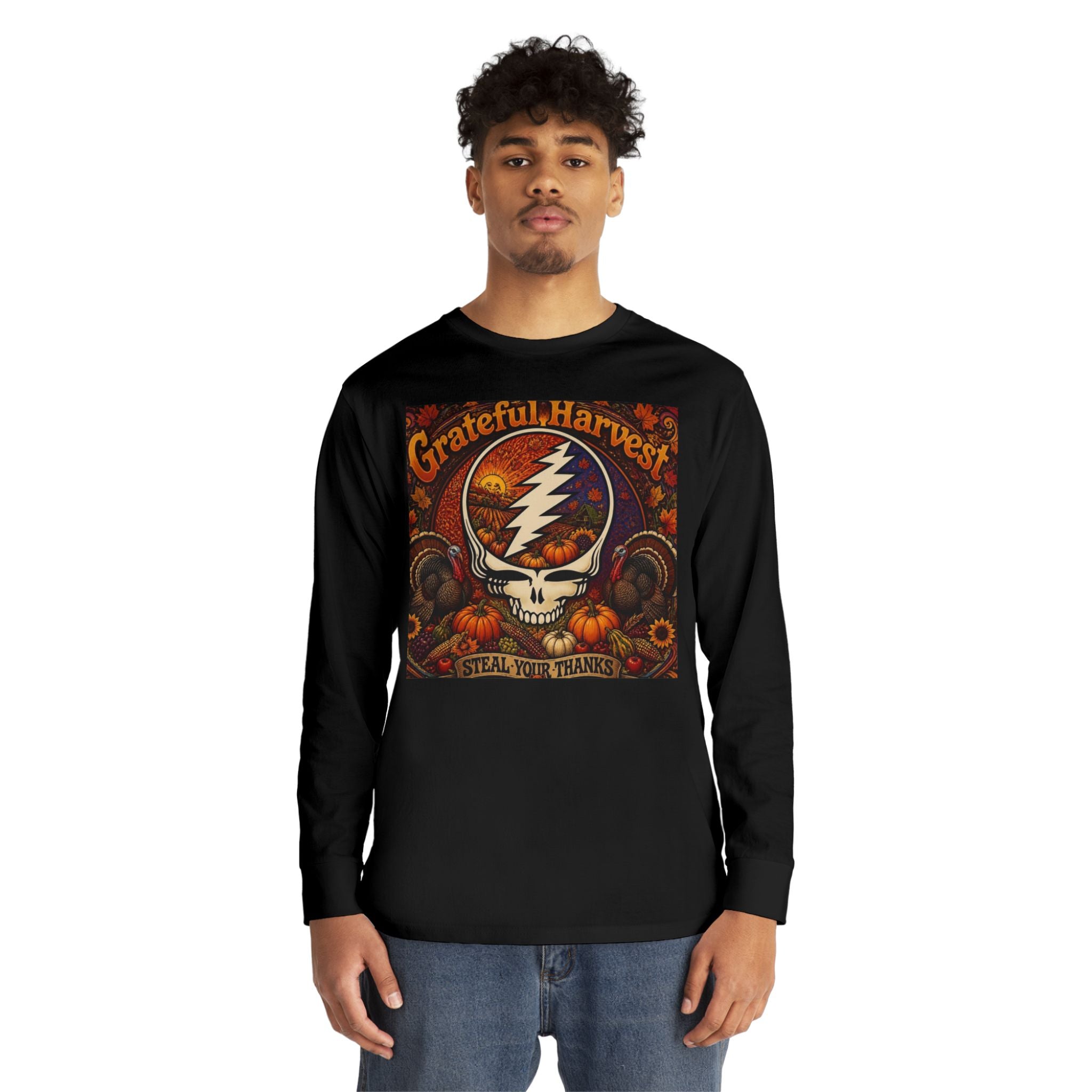 Grateful Harvest Skull with Lightning Bolt Long Sleeve Tee | Autumn Pumpkin Band Art, gift for deadhead, thanksgiving