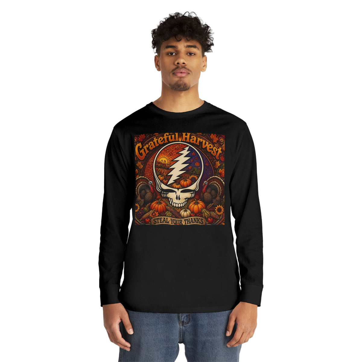 Grateful Harvest Skull with Lightning Bolt Long Sleeve Tee | Autumn Pumpkin Band Art, gift for deadhead, thanksgiving