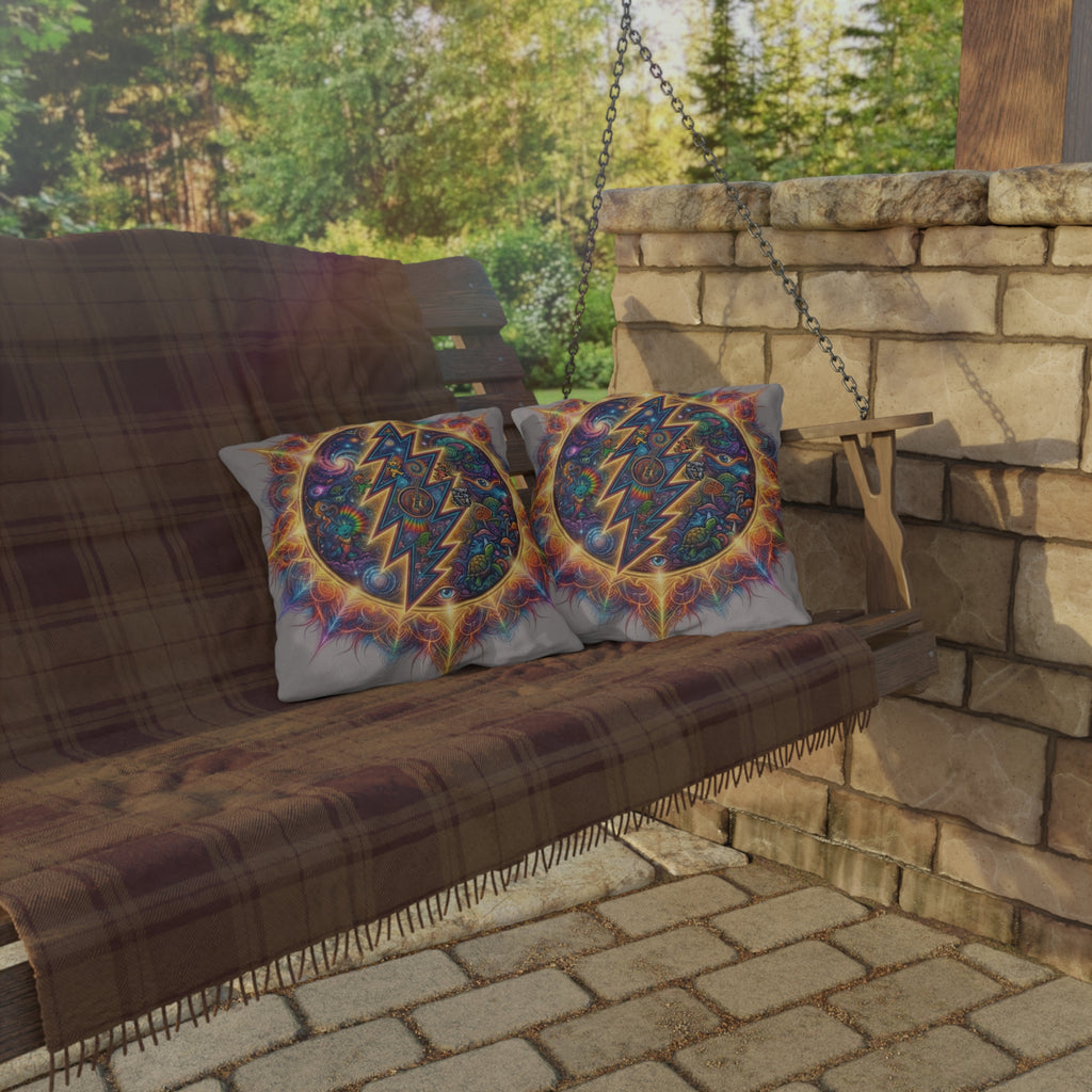 Psychedelic Steal Your Face Lightning Bolt Outdoor Pillow | Grateful Dead Inspired, Colorful Cosmic Mushroom Design