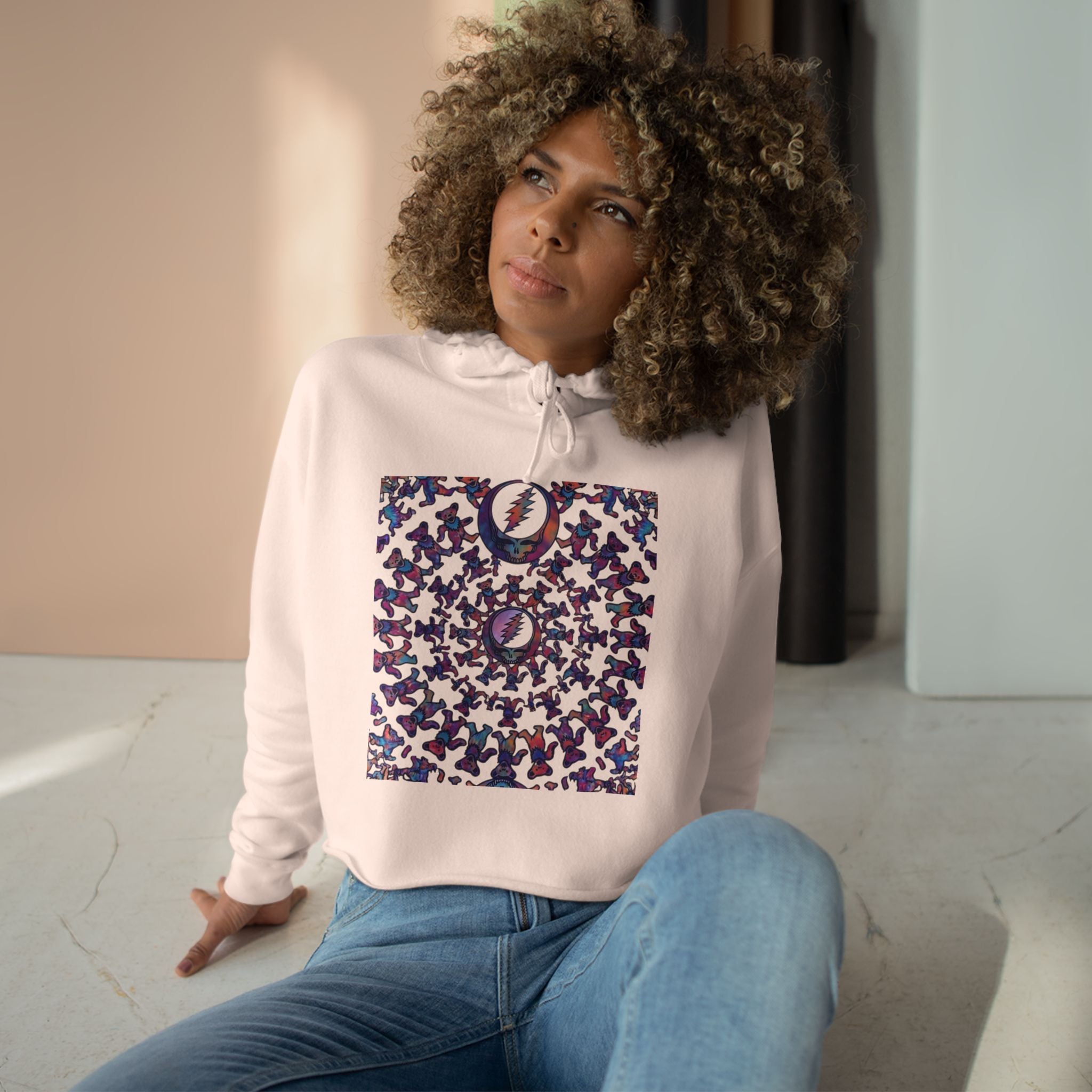 Grateful Dead bear mandala Crop Hoodie | Moon Phases Graphic, Pastel Aesthetic, gift for a deadhead, her,mom, grand mom, sister