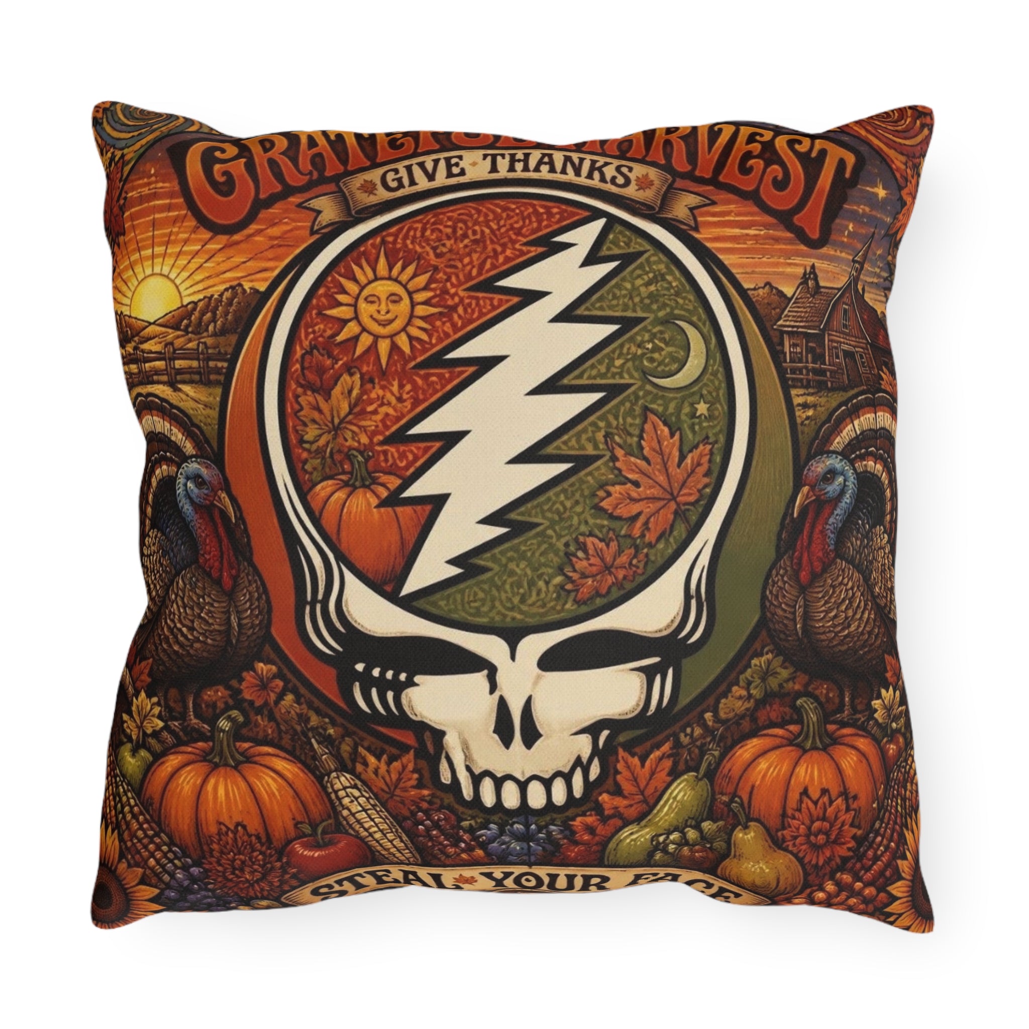 GIFt for a deadhead, pillow for thanksgiving , Grateful Harvest Skull Outdoor Pillows | Thanksgiving Turkey Pumpkin Fall