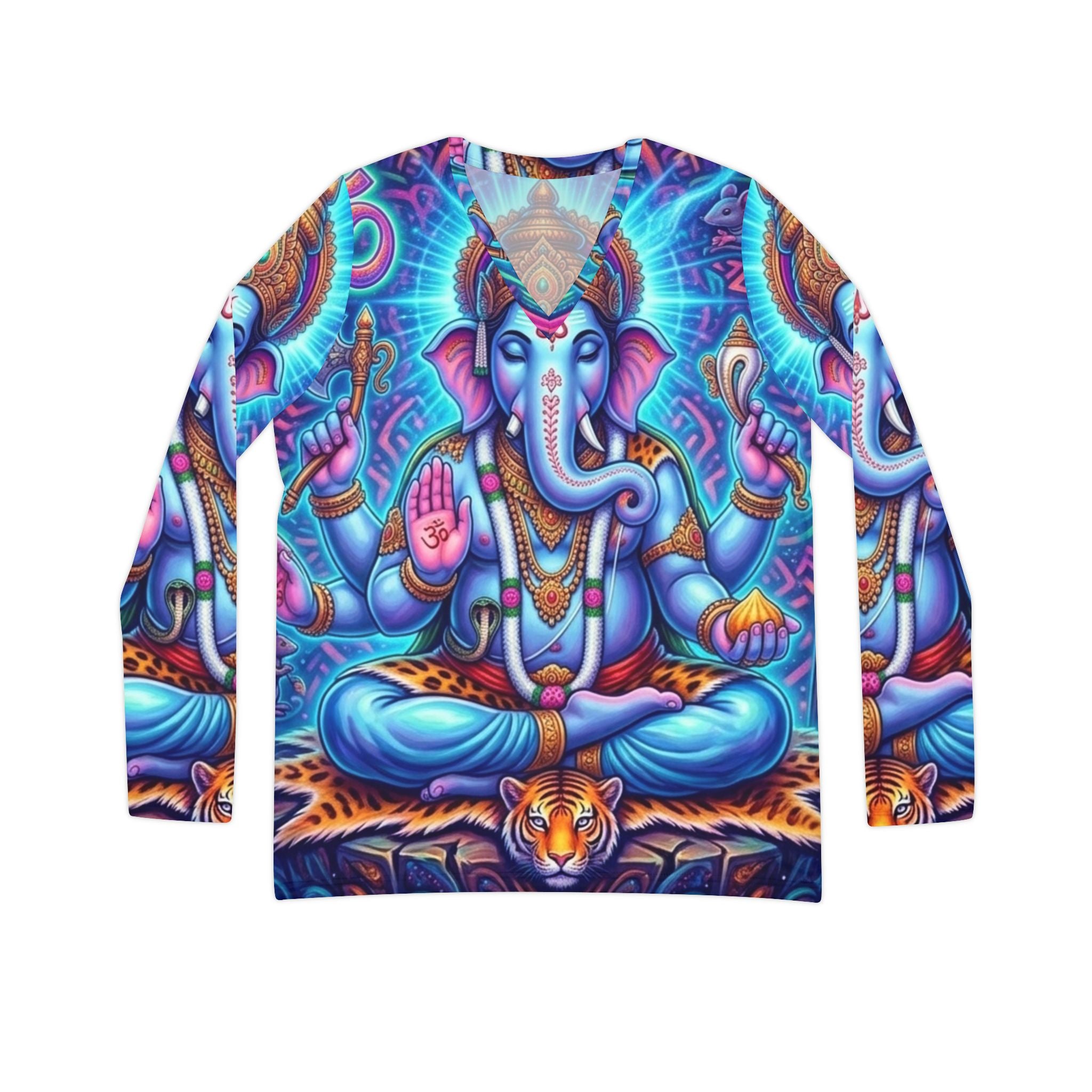 Blue Ganesha Illustration Long Sleeve gift for her, mom, friend, sister, yogi, yoga, hindu V-neck Shirt | Hindu Deity Art