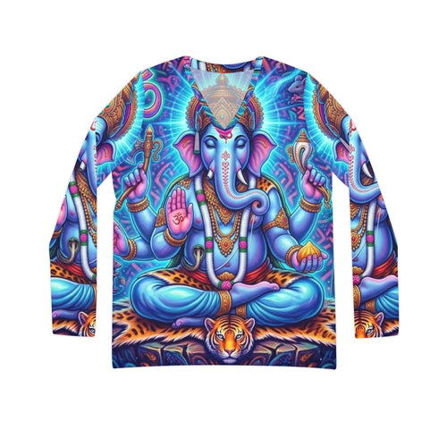 Blue Ganesha Illustration Long Sleeve gift for her, mom, friend, sister, yogi, yoga, hindu V-neck Shirt | Hindu Deity Art