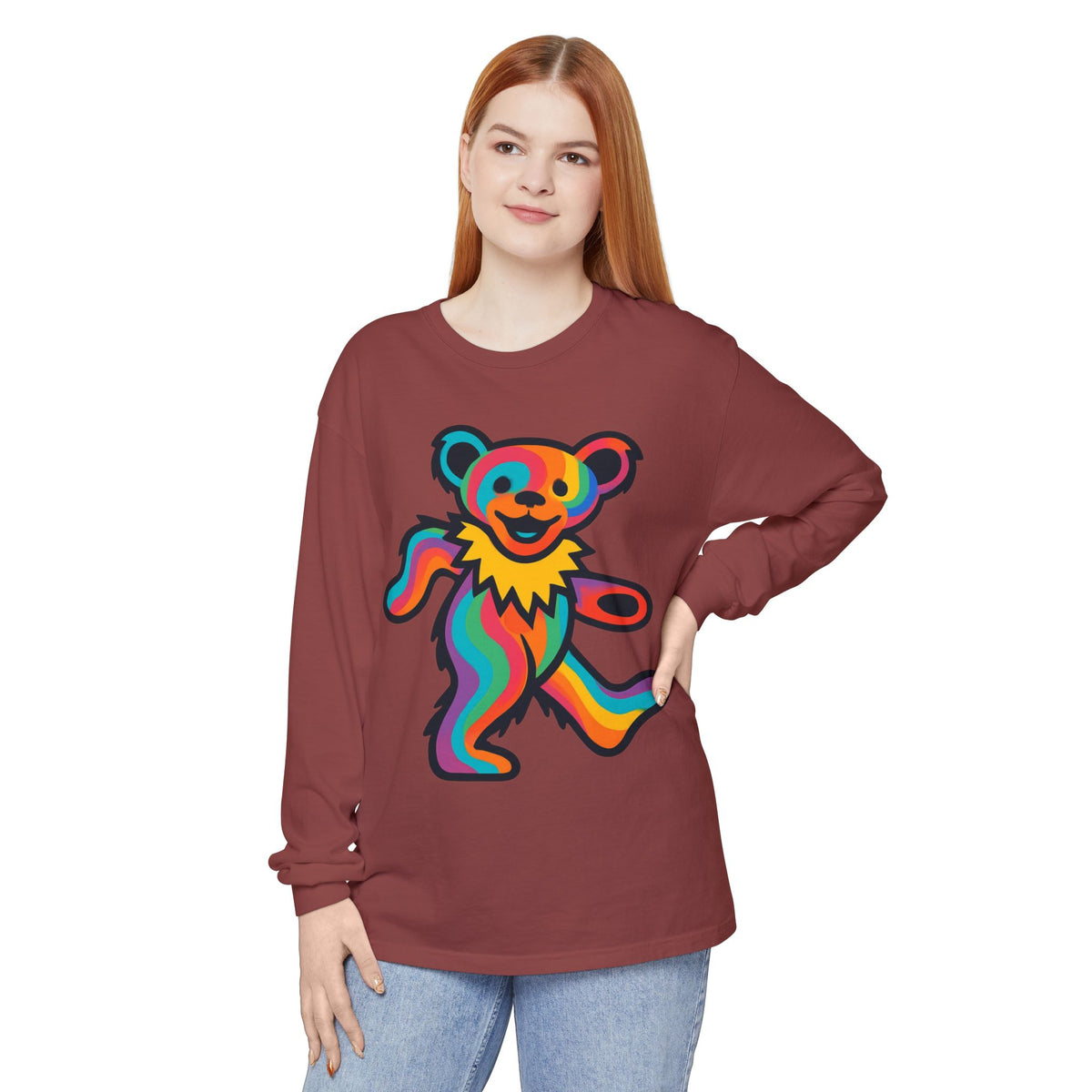 Rainbow Dancing Bear Long Sleeve Shirt | Psychedelic Grateful Dead Style, gift for a deadhead