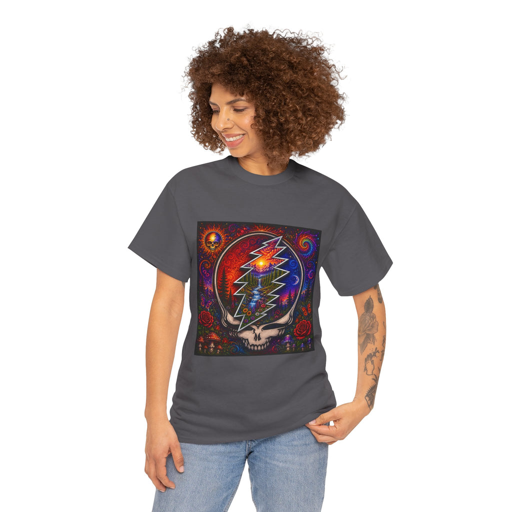 Psychedelic Steal Your Face Skull T-Shirt | Colorful Lightning Rose Grateful Dead Tee
