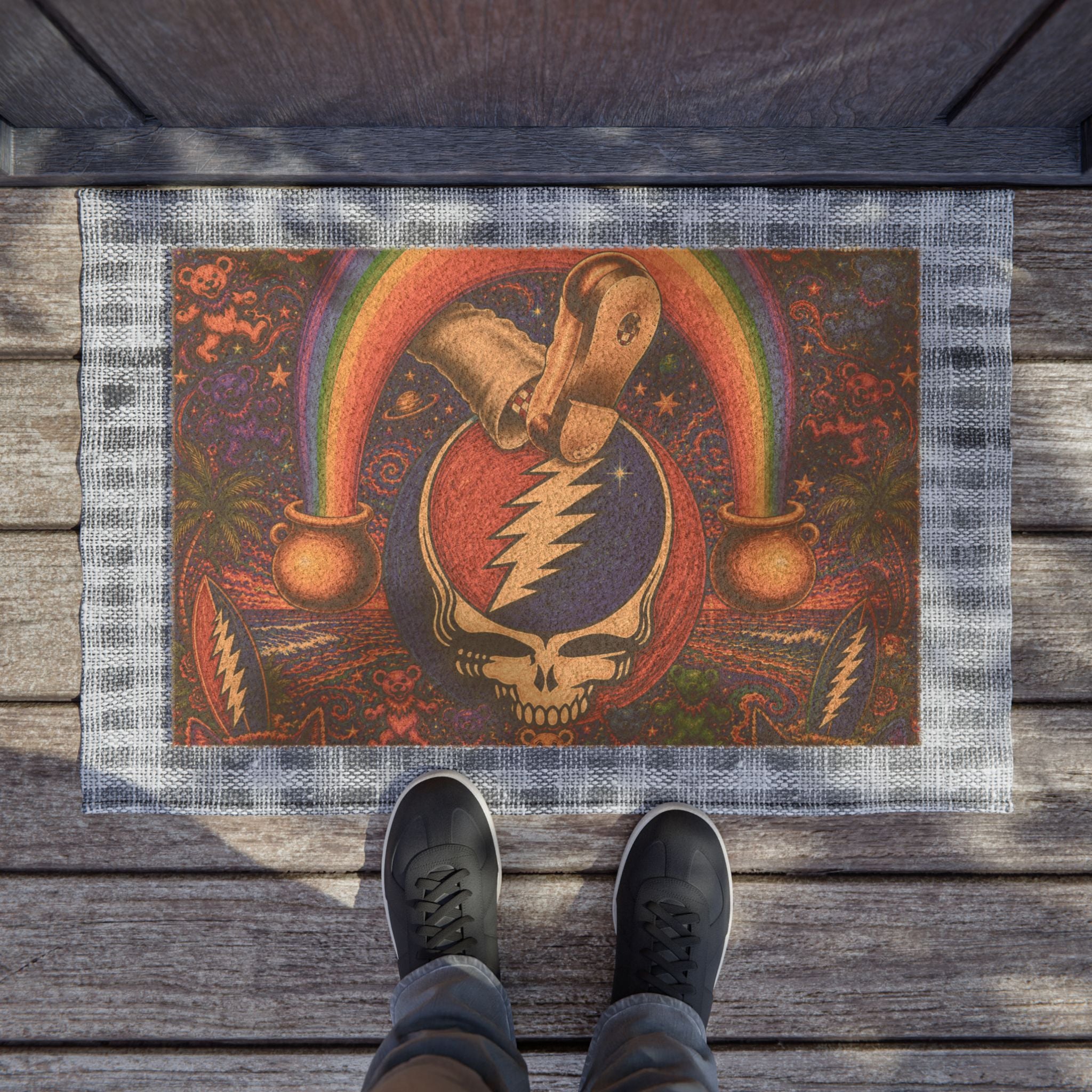 Grateful Dead Steal Your Face Skull Rainbow Doormat | Psychedelic Pot of Gold Welcome Mat