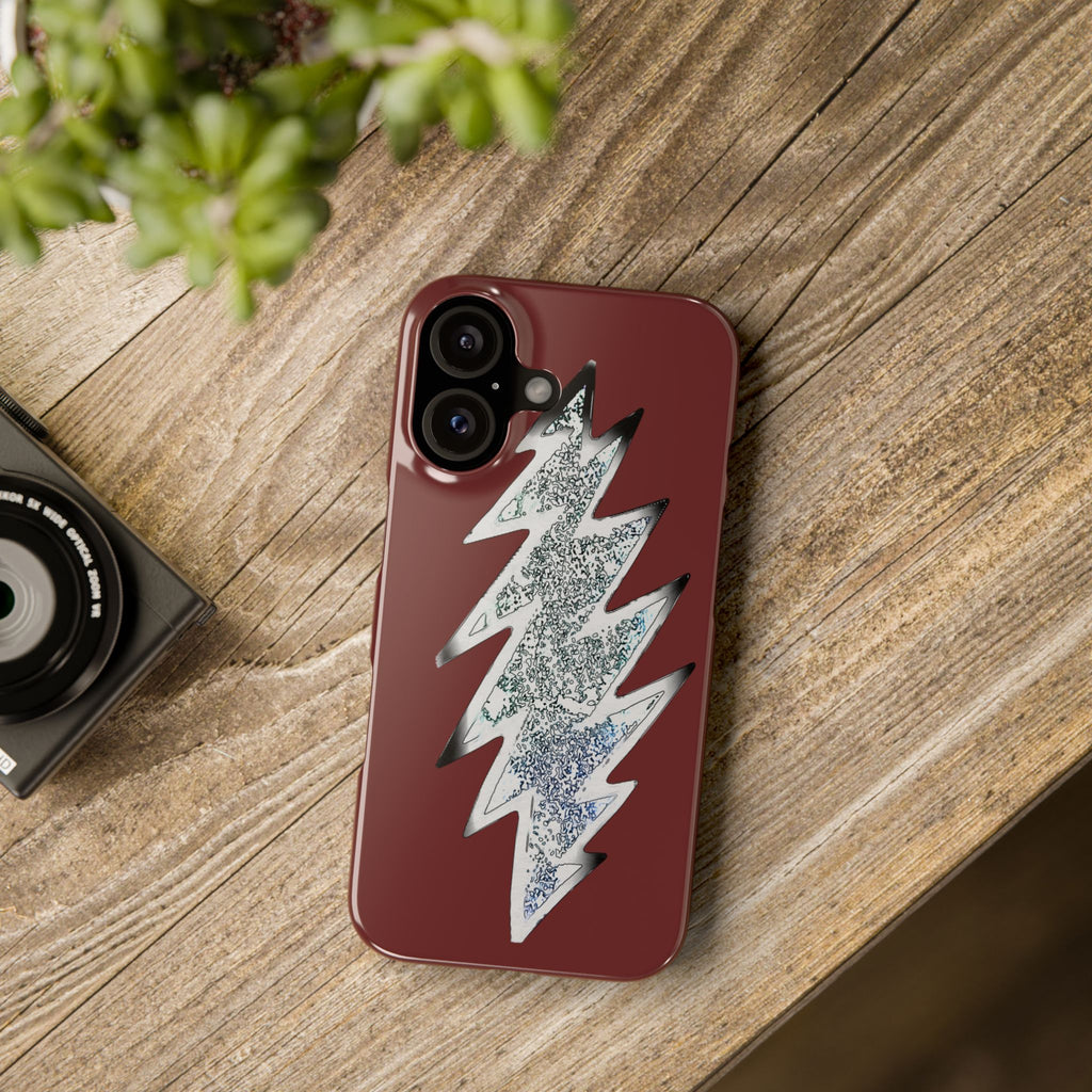 Silver Lightning Bolt Slim Case | Phone Case, Burgundy Background, gift for deadhead