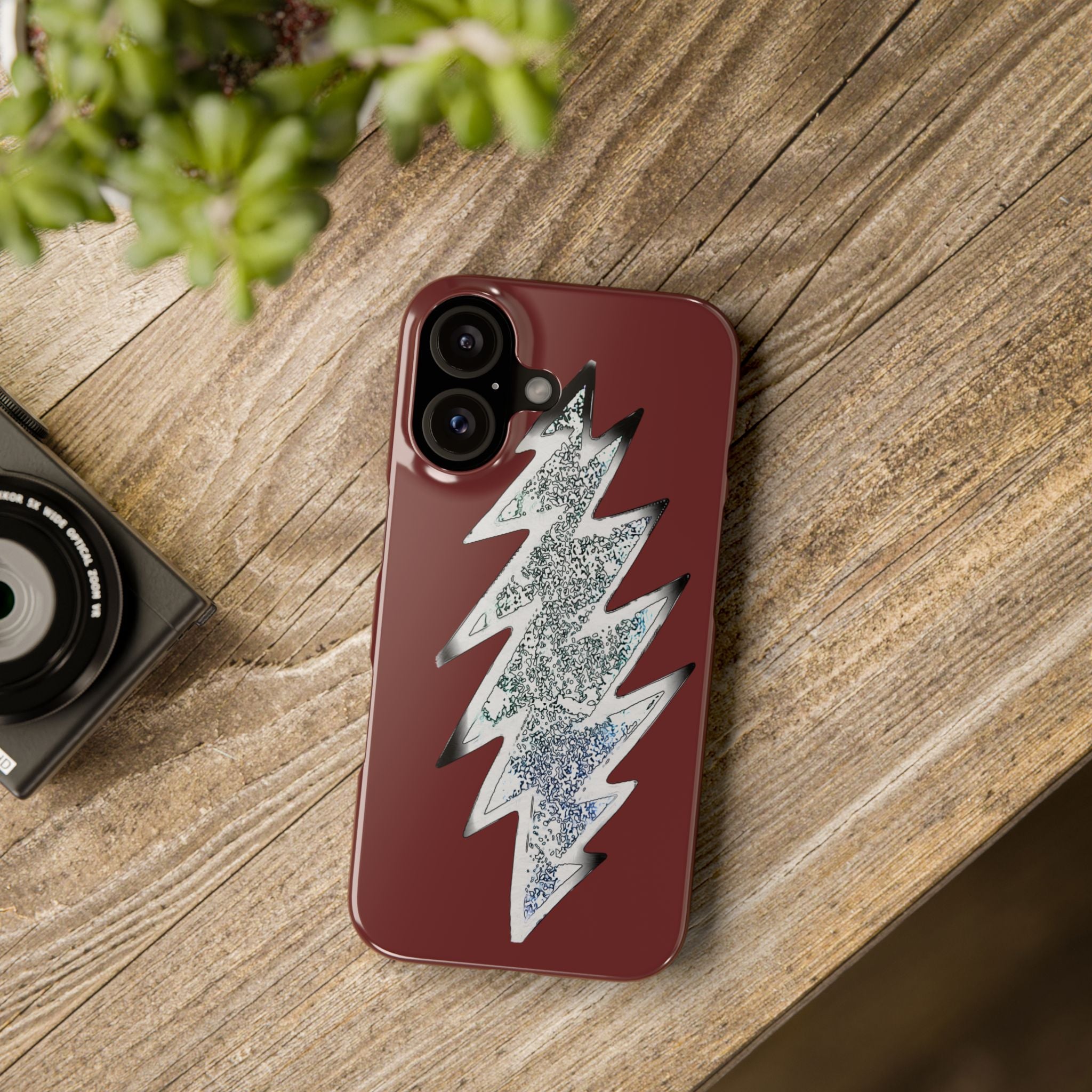 Silver Lightning Bolt Slim Case | Phone Case, Burgundy Background, gift for deadhead