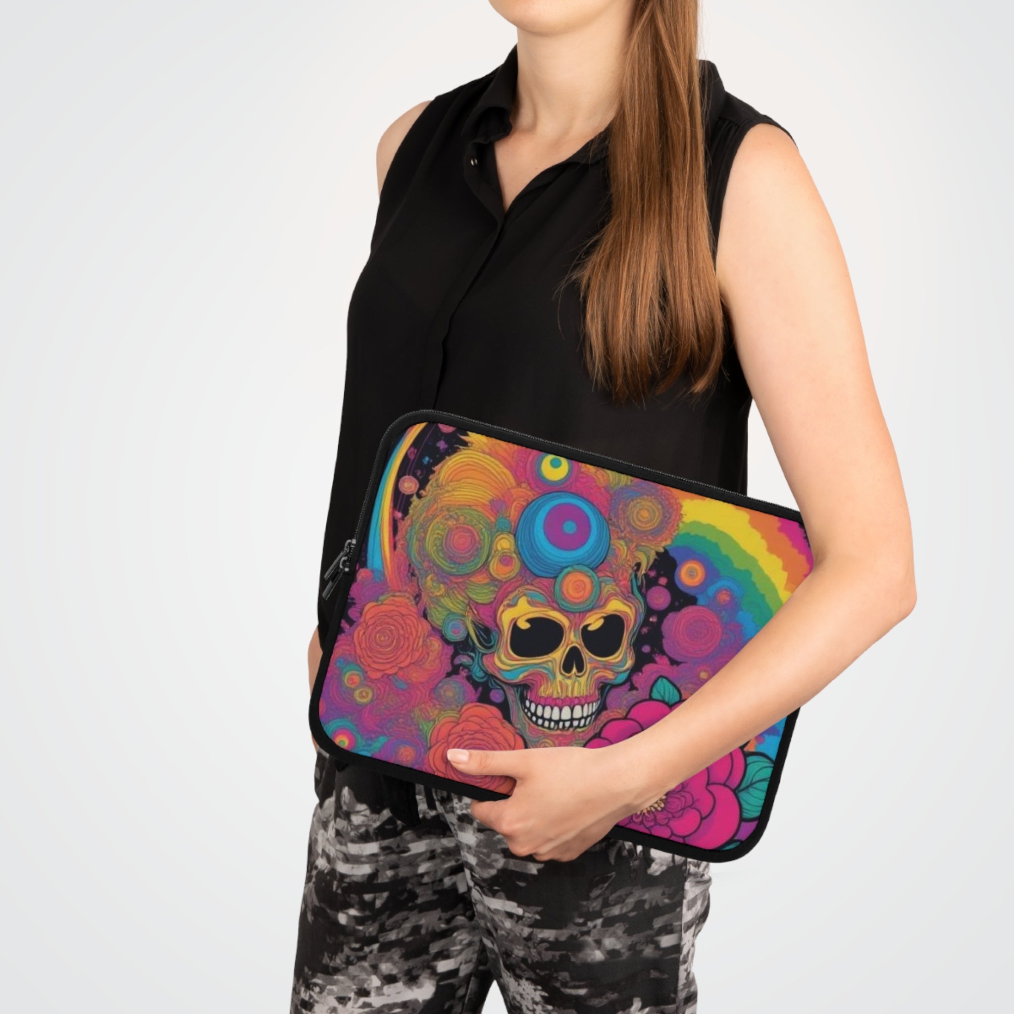 Psychedelic Skull with Flowers Laptop Sleeve | Rainbow Retro Day of the Dead