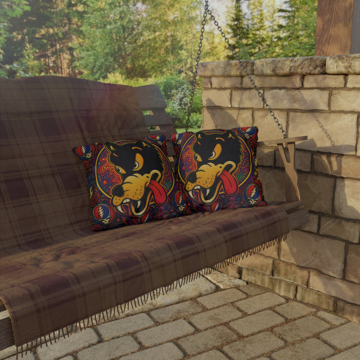 Psychedelic Dire Wolf  Outdoor Pillow | Retro Grateful Dead Lightning Skulls