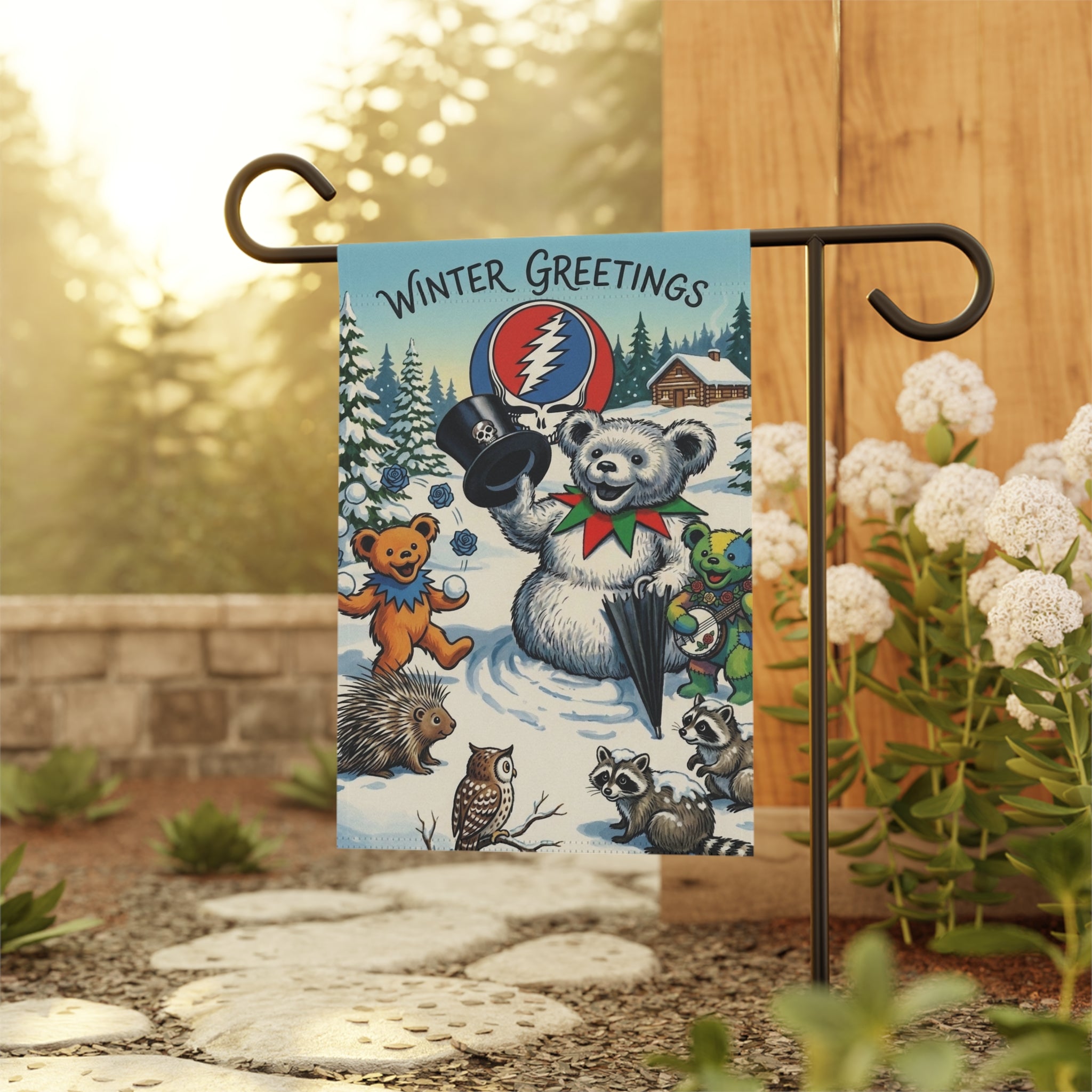 Winter Greetings Bear Holiday Garden & House Banner | Grateful Dead Steal Your Face