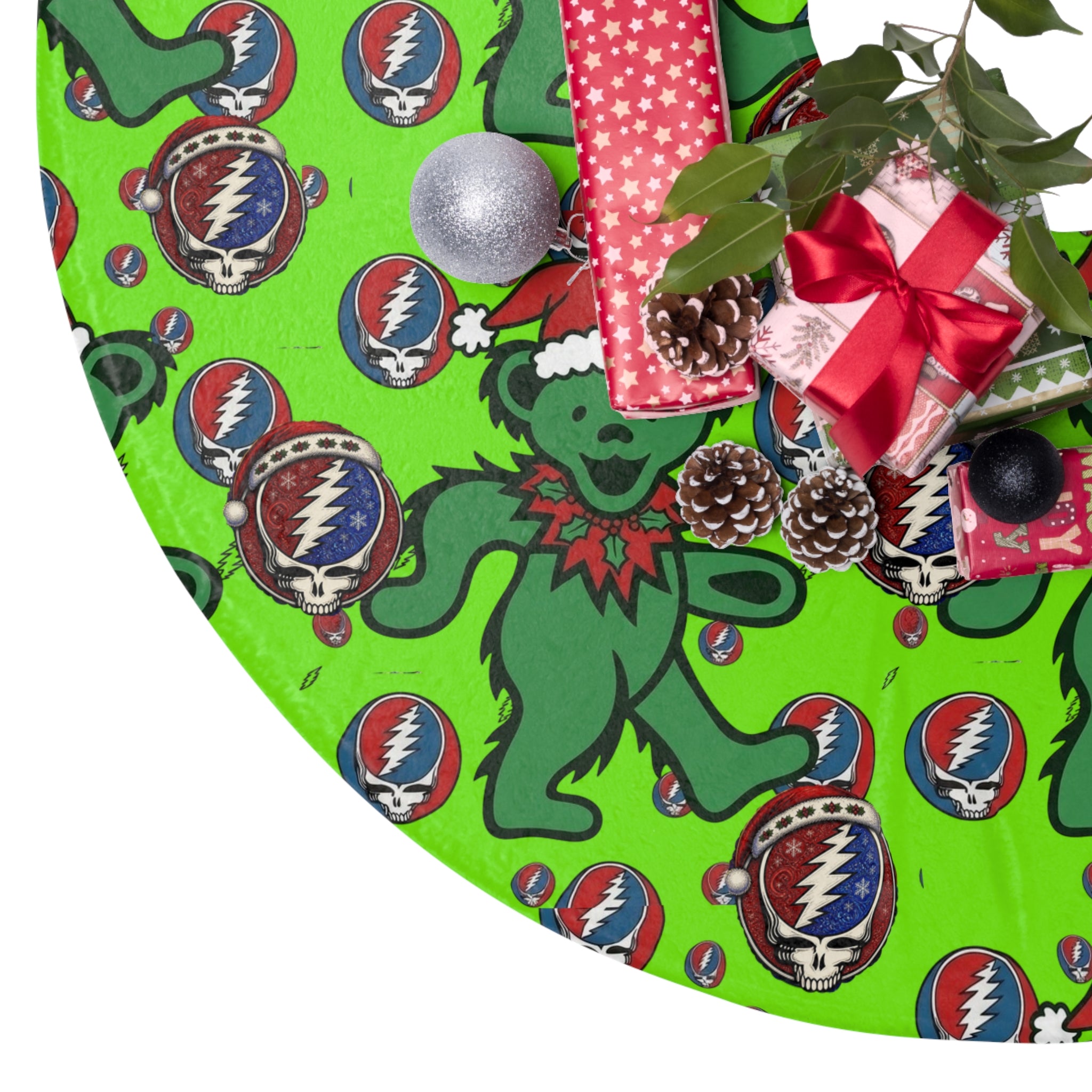 Dancing Bear & Steal Your Face Pattern Christmas Tree Skirt, Grateful Dead inspired, Gift for Deadhead