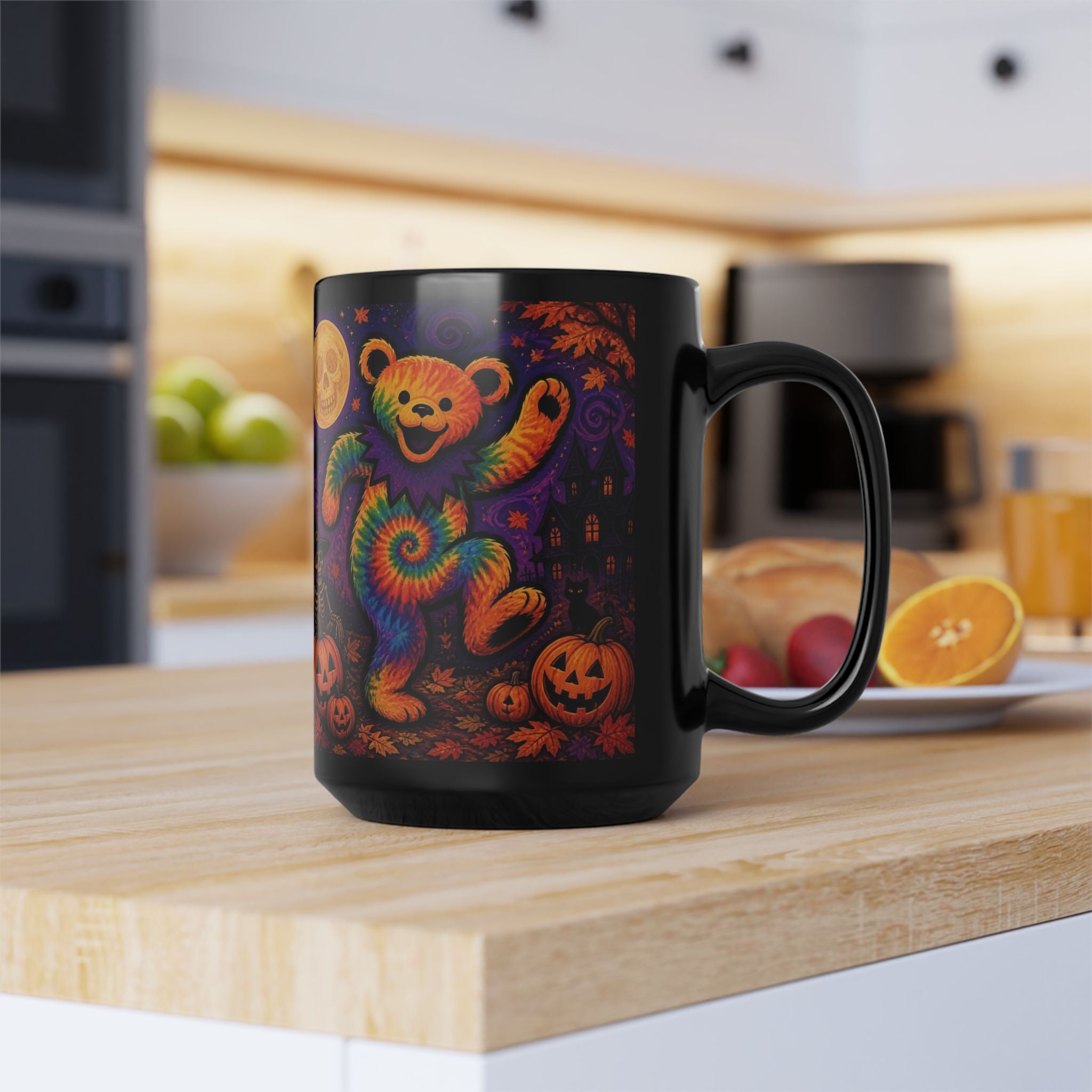 Tie-Dye Dancing Bear Halloween Mug, gift for a deadhead, Grateful Dead,  | 15oz Black Ceramic