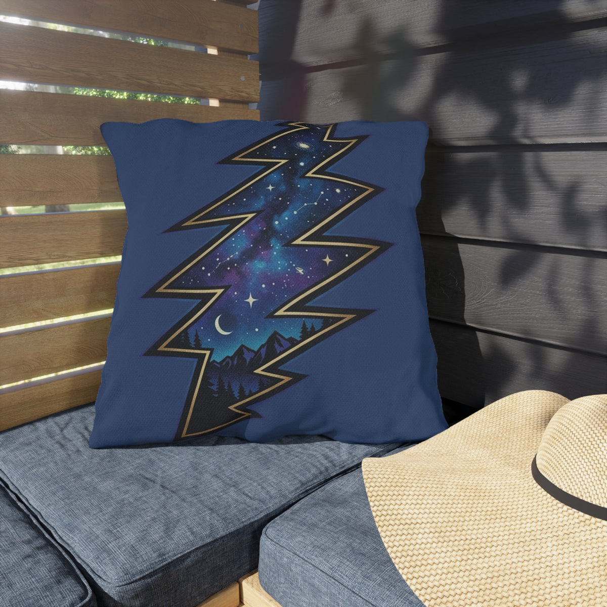 Night Sky Lightning Bolt Outdoor Pillow | Grateful vDead Galaxy Throw Pillow