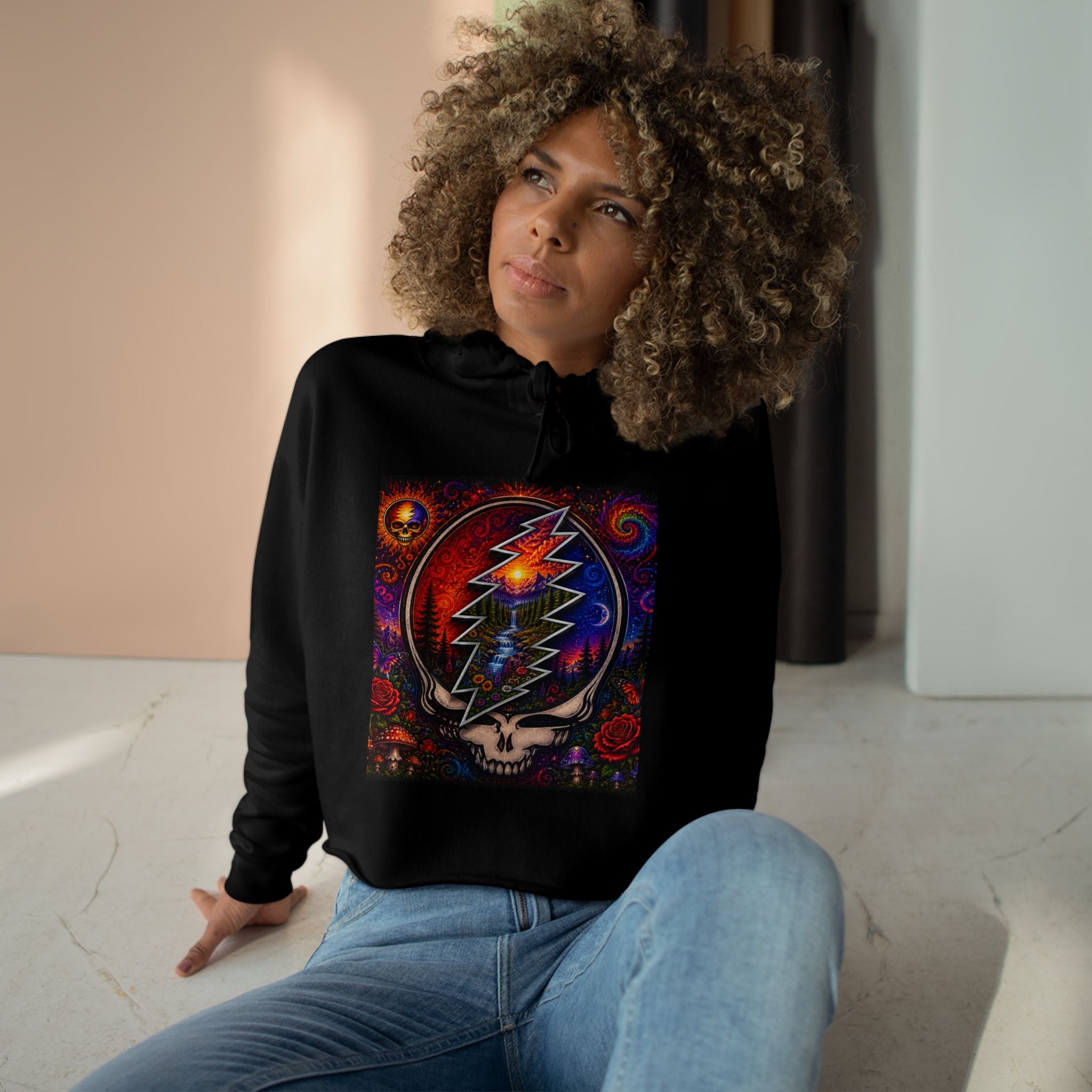 Psychedelic Steal Your Face Skull Crop Hoodie | Grateful Dead Lightning Bolt Design