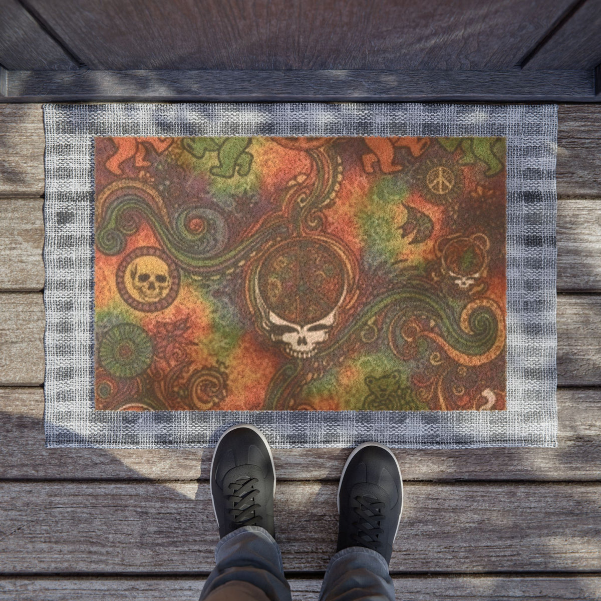 Psychedelic Skull Swirl Doormat | Tie-Dye Grateful Dead Inspired Welcome Mat