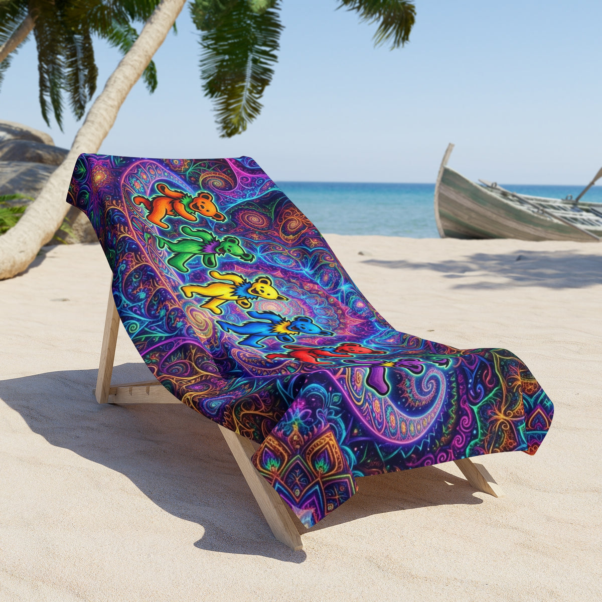 Dancing Rainbow Bears Beach Towel | Psychedelic Mandala Pattern Grateful Dead