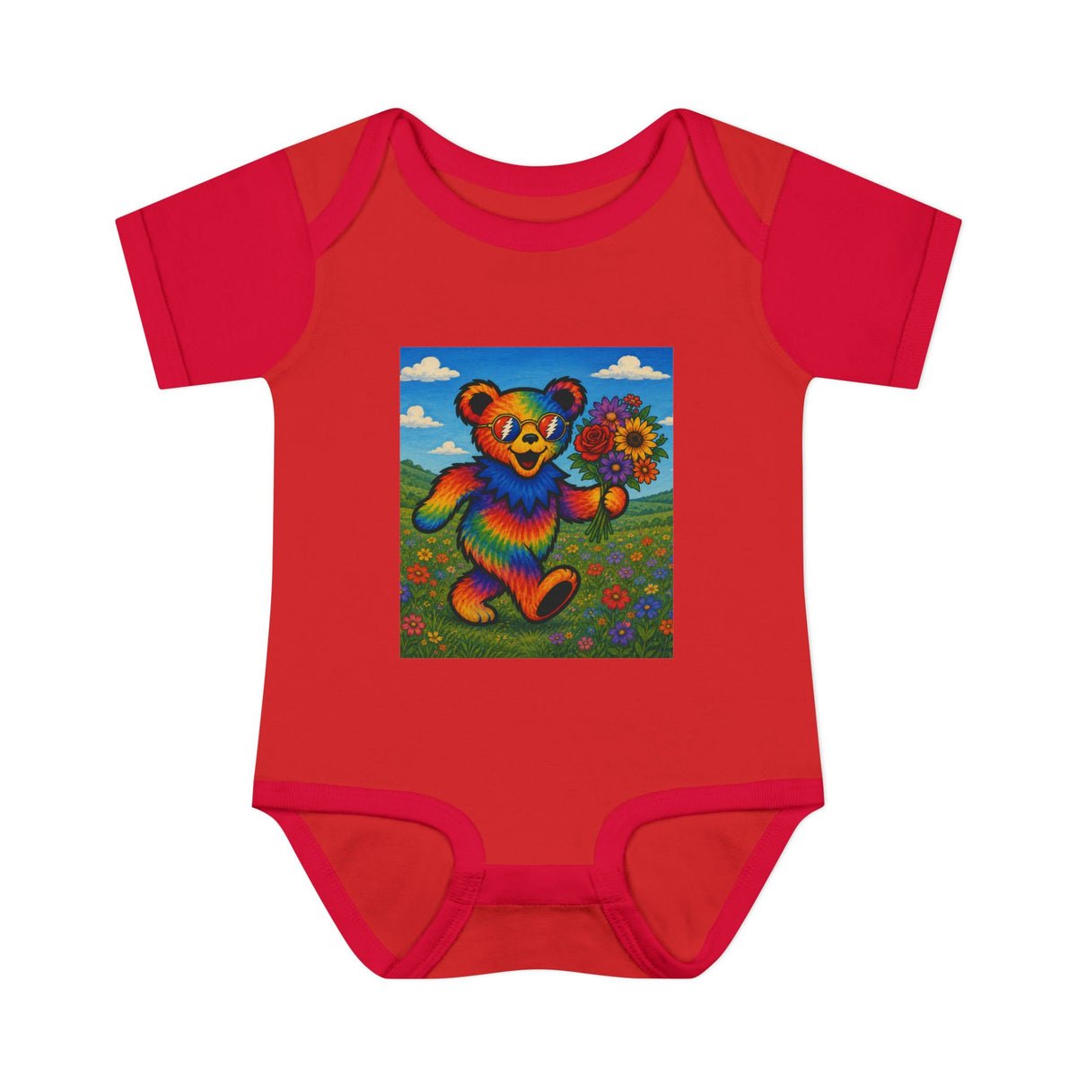 Grateful Dead Rainbow Tie Dye Bear Holding Sunflower Infant Bodysuit